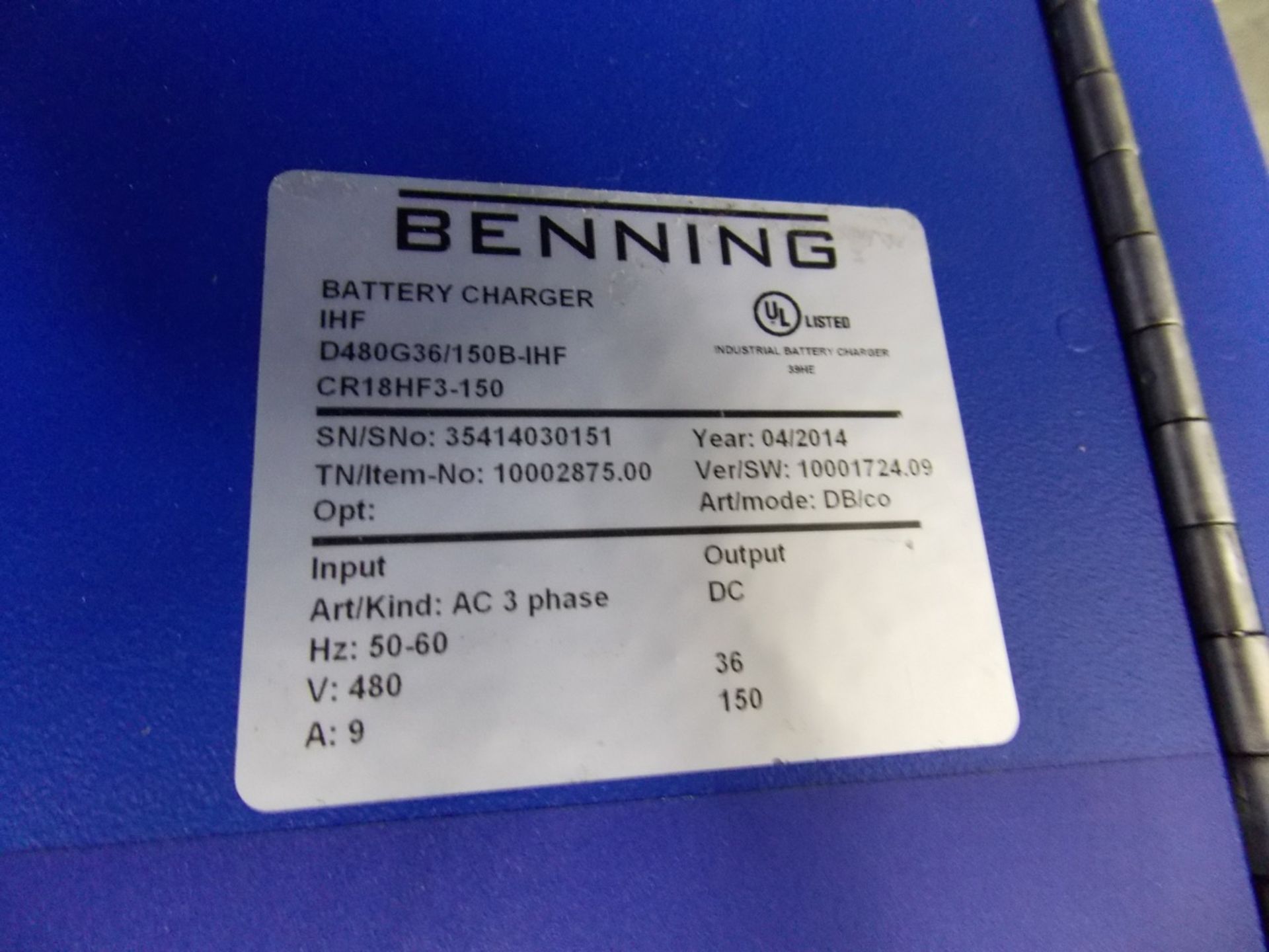 | Benning Battery Charger S/N 35414040001. 480 Volts, 36 Volt | MODEL# CR18HF3-152 | SERIAL# | * - Image 2 of 2