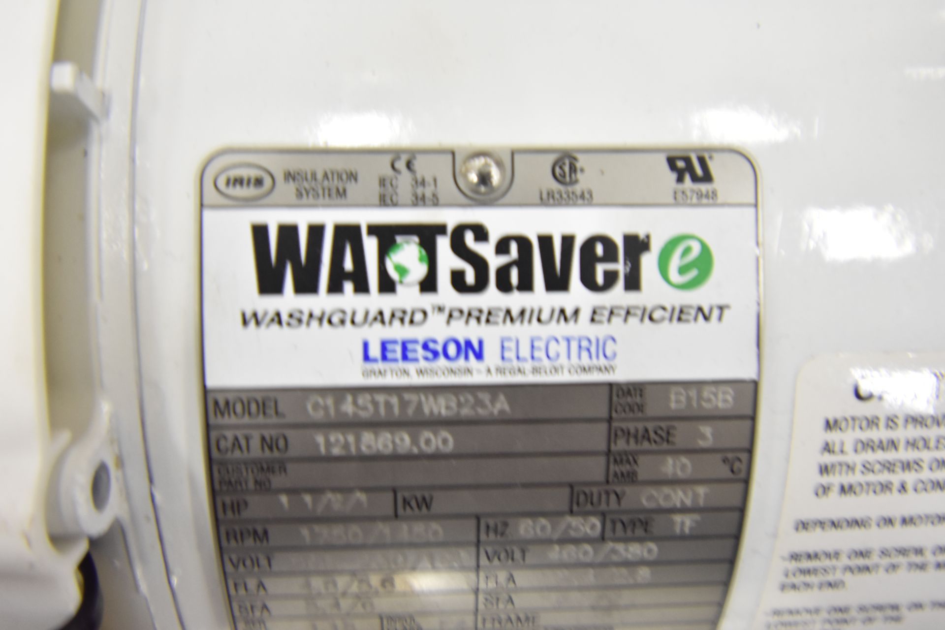 | Leeson watt saver 3phase HP 1.5 CAT# CL45T17WB | MODEL# | SERIAL# | * Skidding and load out at - Image 2 of 6