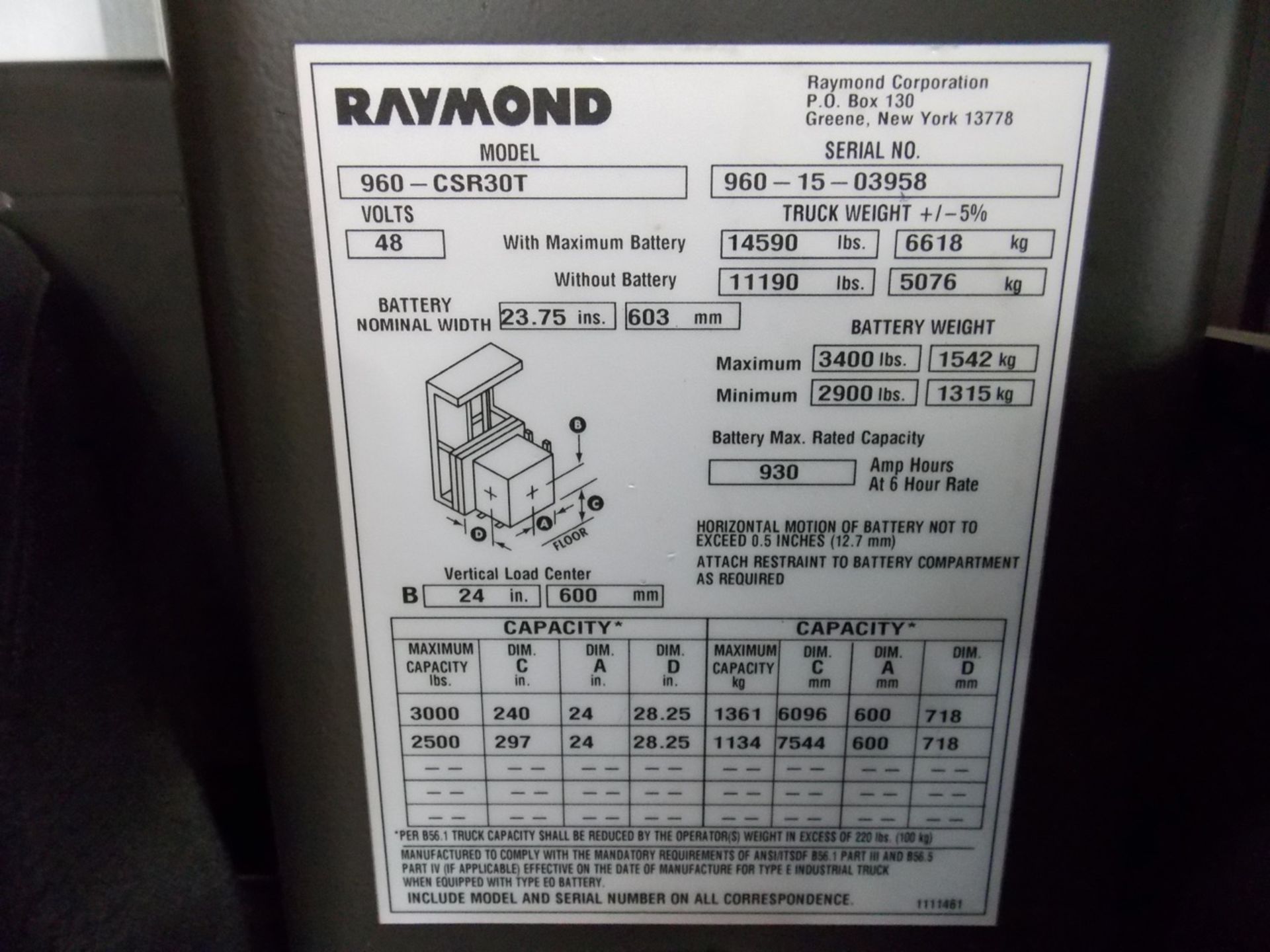 Raymond | Raymond Swing Reach Turret Truck Model 960-CSR30T, S/N 960-15-03958. 3000lbs capacity* - Image 6 of 8