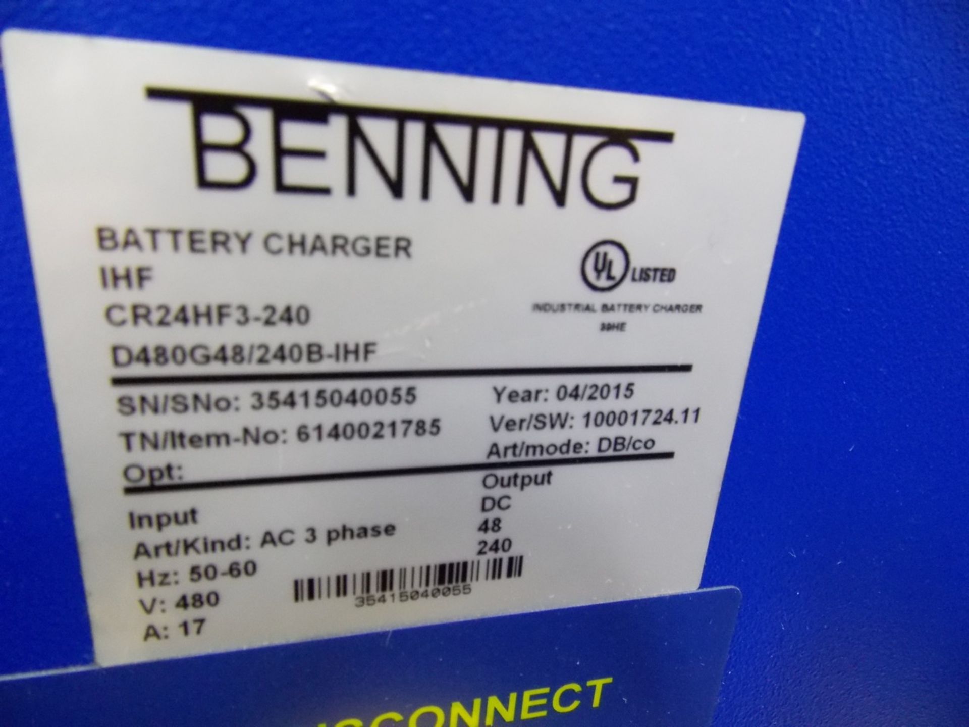 | Benning Battery Charger S/N 35415040055. 480 Volts, 36 Volt | MODEL# CR24HF3-240 | SERIAL# | * - Image 2 of 2