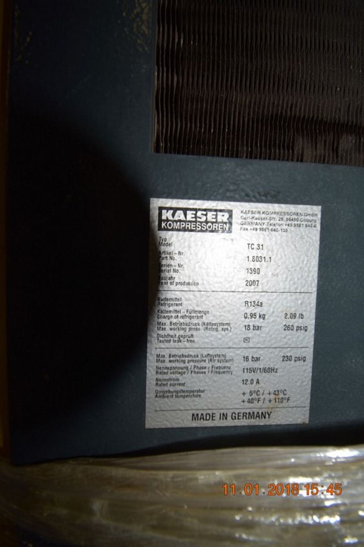 Kaeser Air Compressor | Kaeser Air Compressor Model TC31, S/N 1390. Built 2007, 115V/1/60Hz | MODEL# - Image 3 of 3