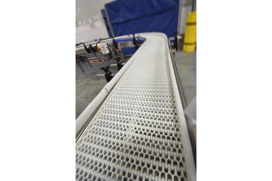 Flexlink Conveyor | Stainless transfer conveyor, 90 degree turn. Plastic  belt. 12" wide, 18' tota