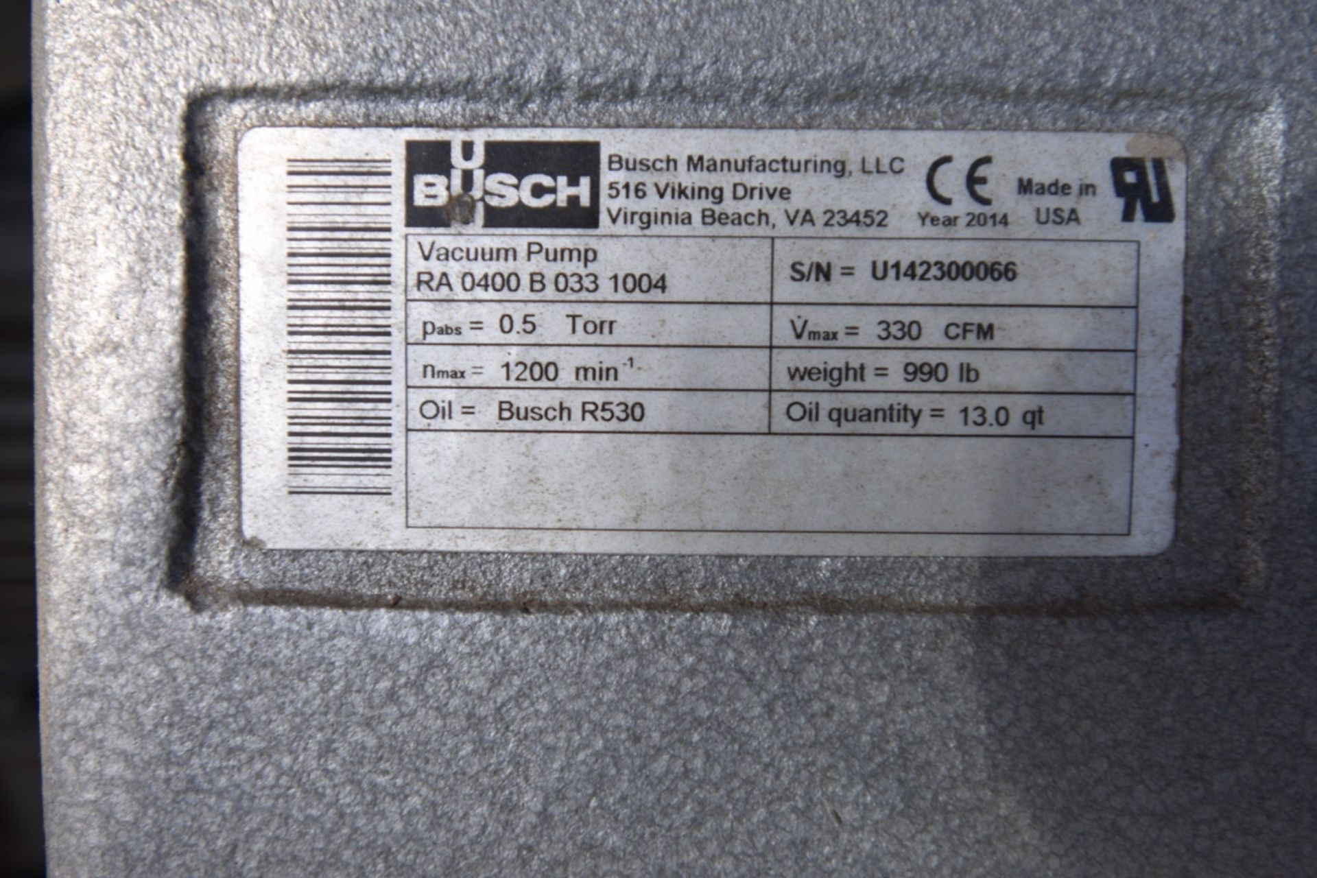 BUSCH Vacuum Pump | Busch Vacuum Pump. V-Max=330CFM. | MODEL# RA 0400 B 033 1004 | SERIAL# - Image 3 of 7