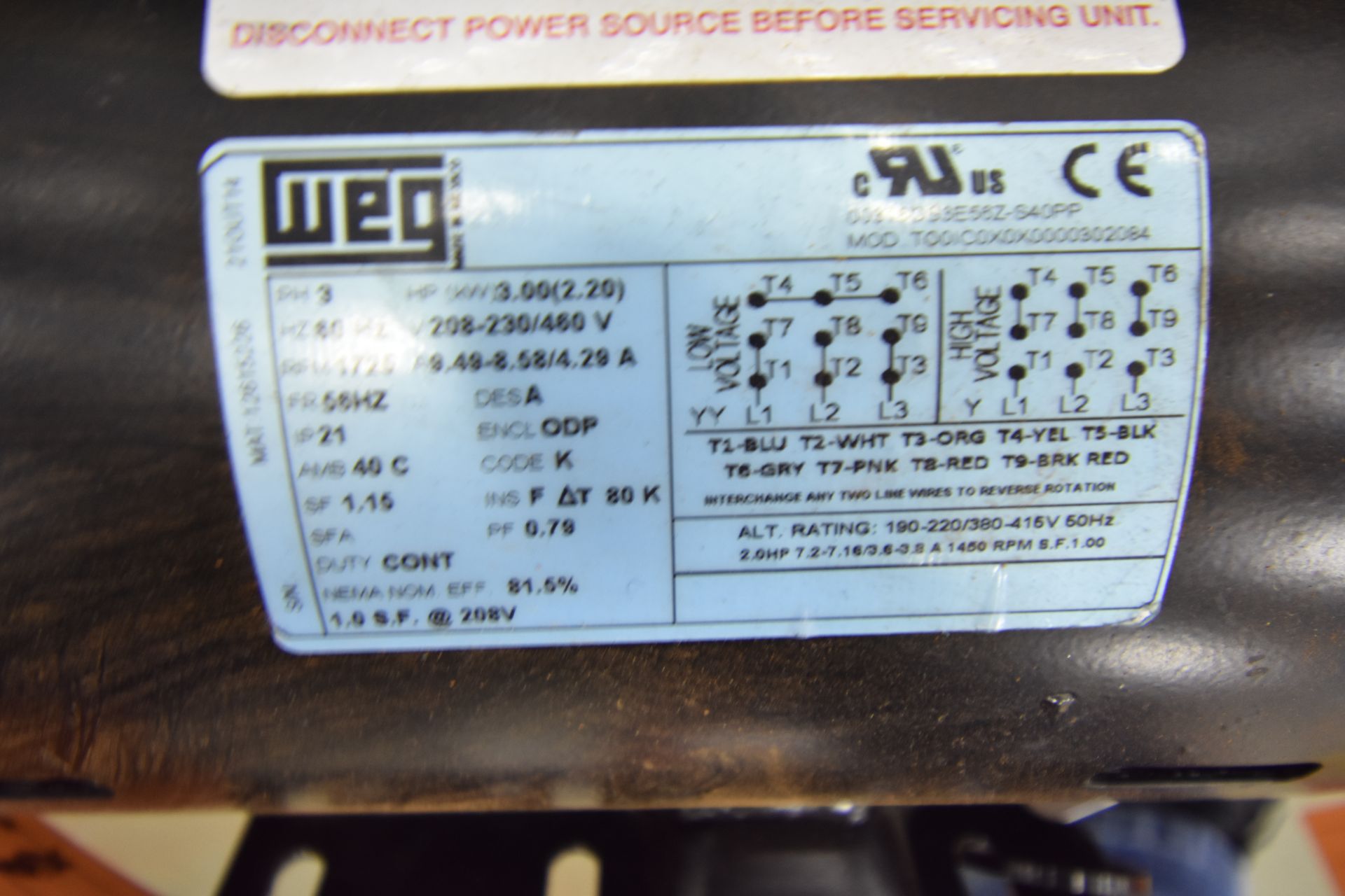 | weg 3 HP 3 phase voltage 208-230/460 rpm 175 | MODEL# | SERIAL# | * Skidding and load out at - Image 2 of 3