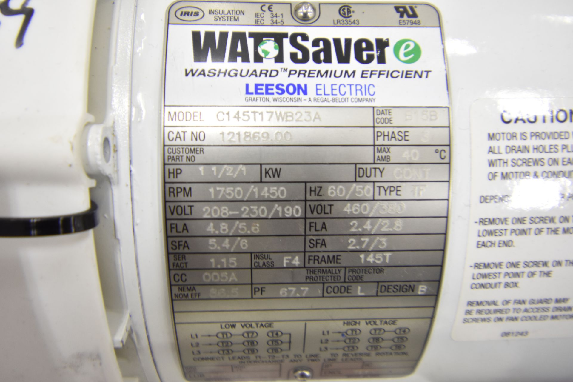 | Leeson watt saver 3phase HP 1.5 CAT# CL45T17WB | MODEL# | SERIAL# | * Skidding and load out at - Image 3 of 6
