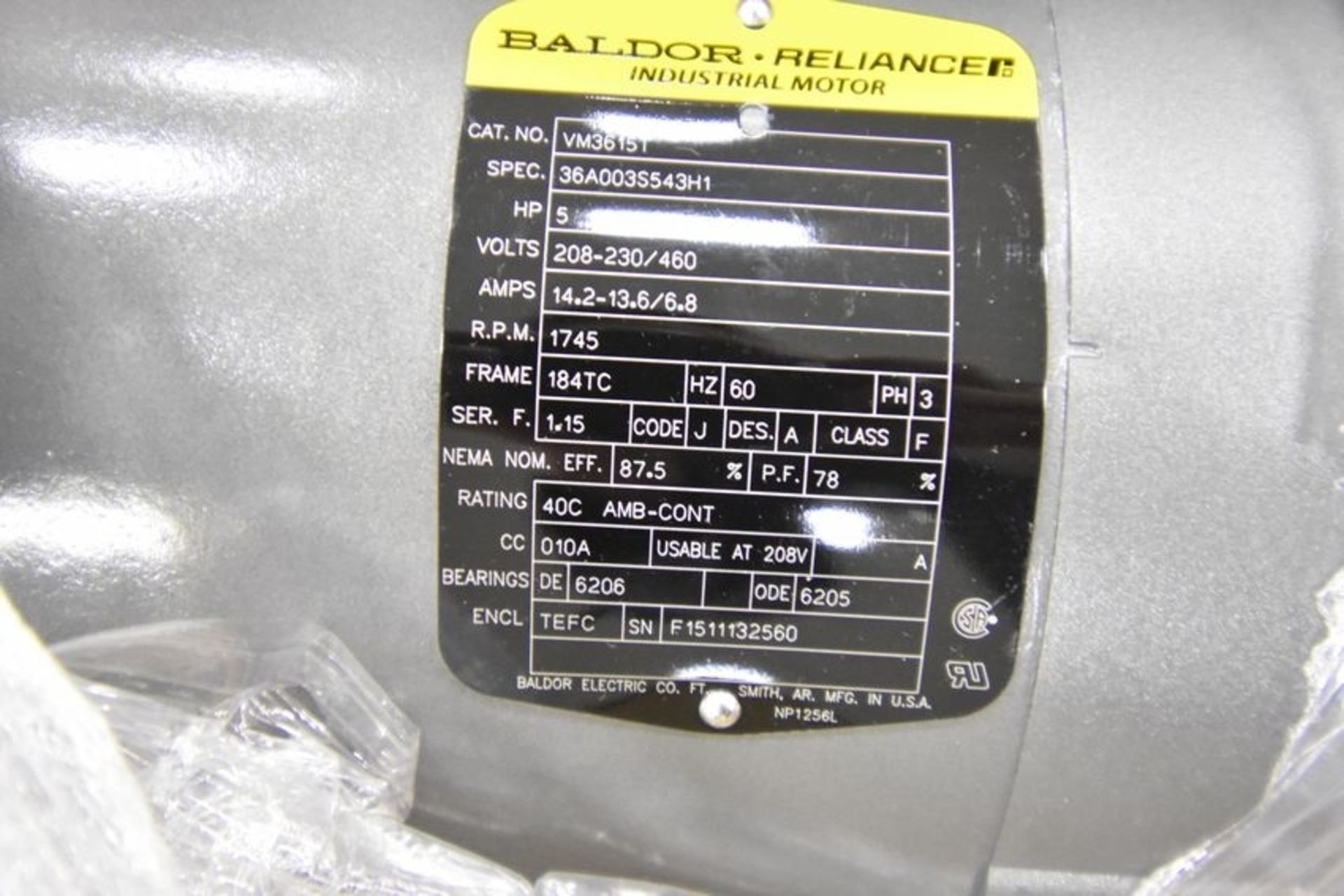 Baldor | Baldor industrial motor cat# VM3615T, Spec:36A003S543H1, 5hp, 208-230/460V, 1745rpm, 14.2- - Image 2 of 2