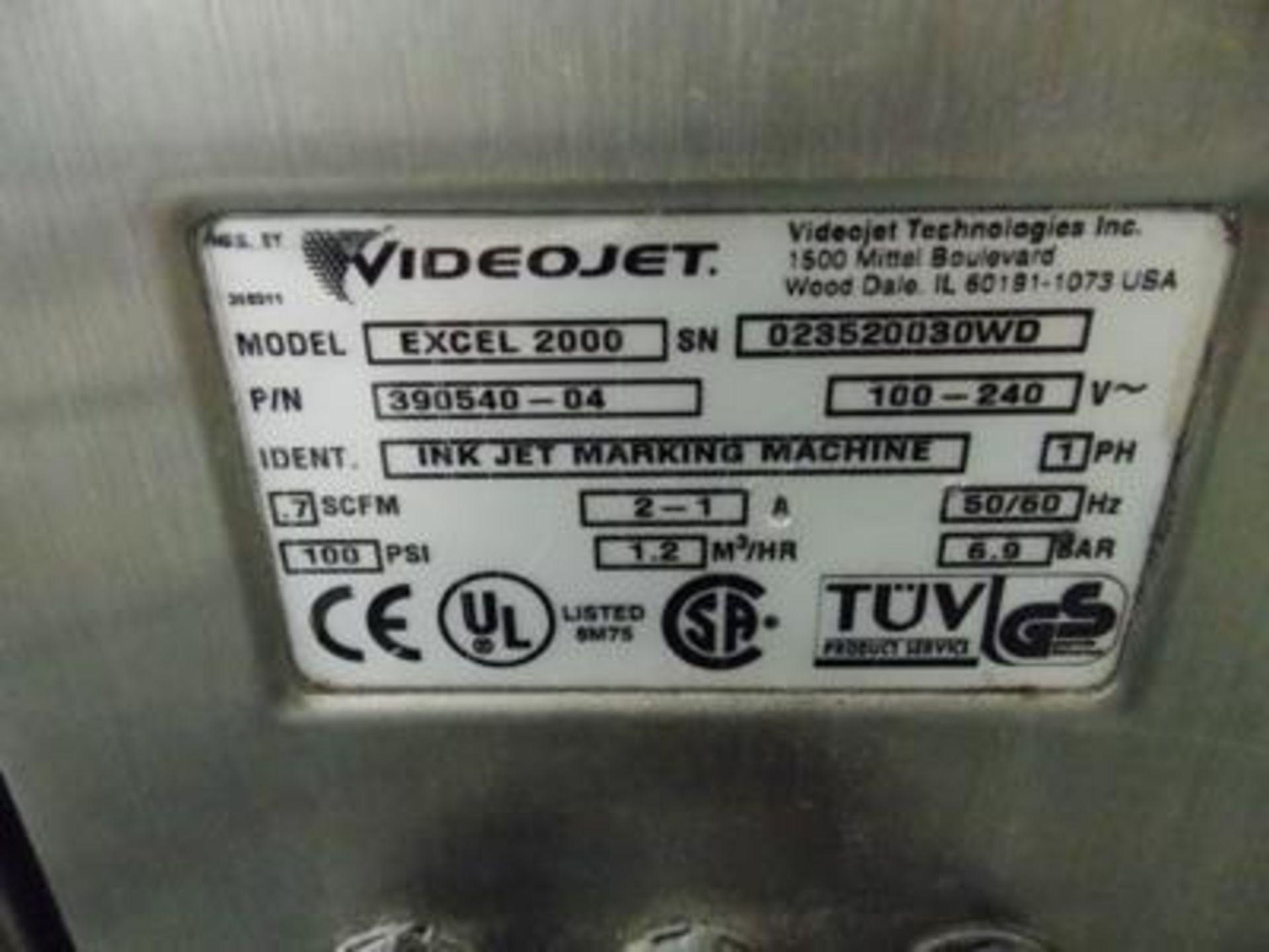 Video Jet ink jet coder - EXCEL 2000 / SN 023520030WD - Image 2 of 2