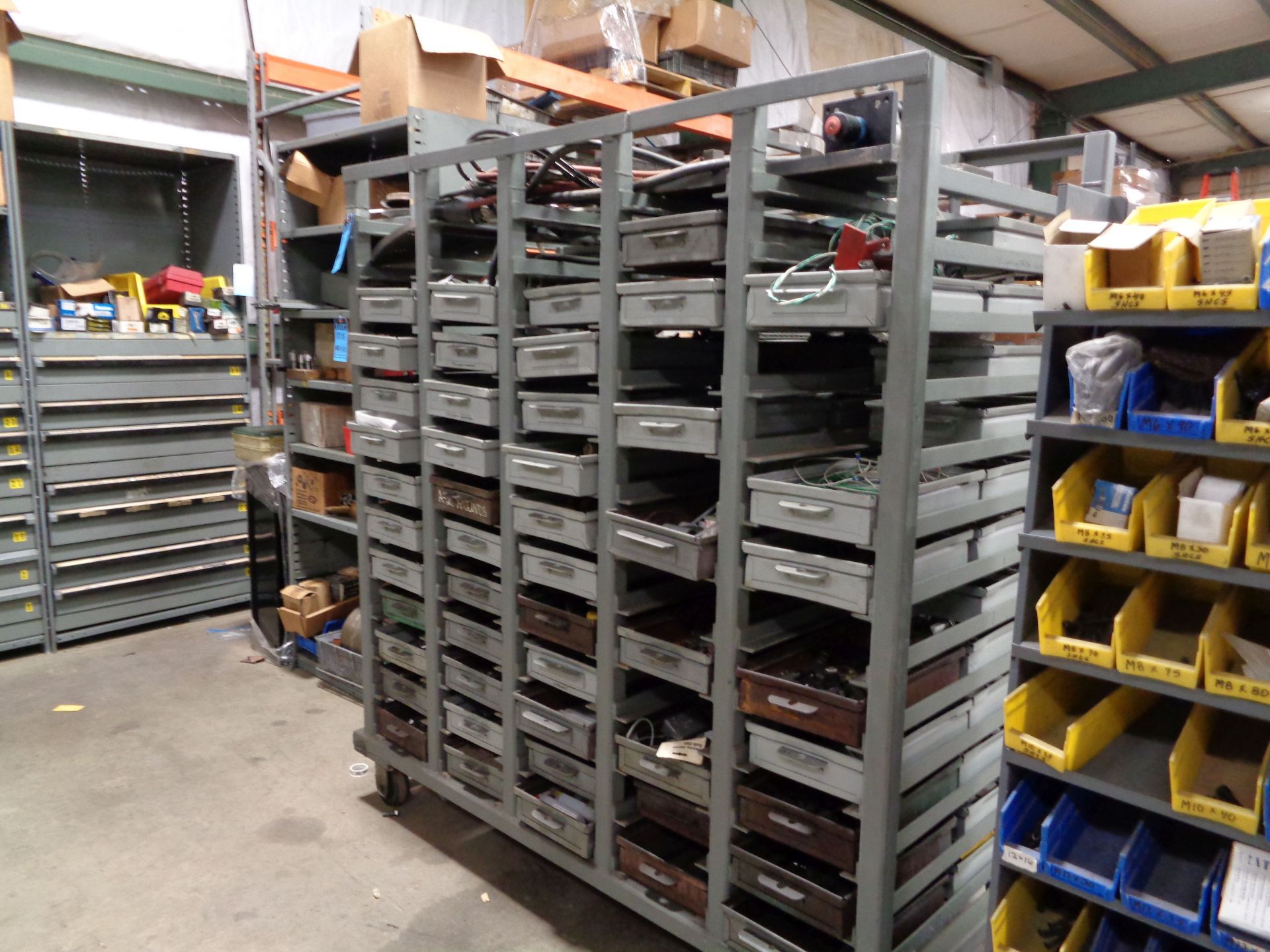 HEAVY DUTY STEEL PORTABLE PICK RACK WITH APPROX. (90) DRAWERS TOOLING, HARDWARE AND OTHER RELATED