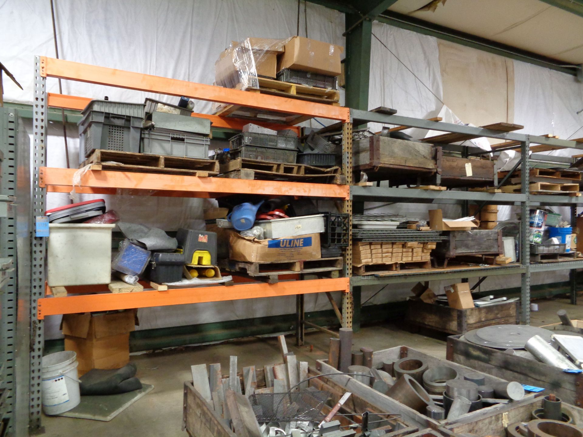 SECTIONS 42" X 108" X 96" HIGH PALLET RACK AND CONTENTS, WITH MISCELLANEOUS OFFICE FURNITURE,