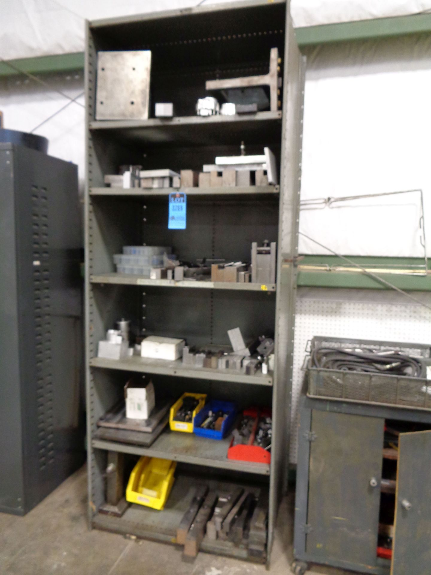 (LOT) CABINETS AND SHELVING WITH MACHINE ACCESSORIES, CHUCK JAWS, TOOLING AND OTHER RELATED ITEMS