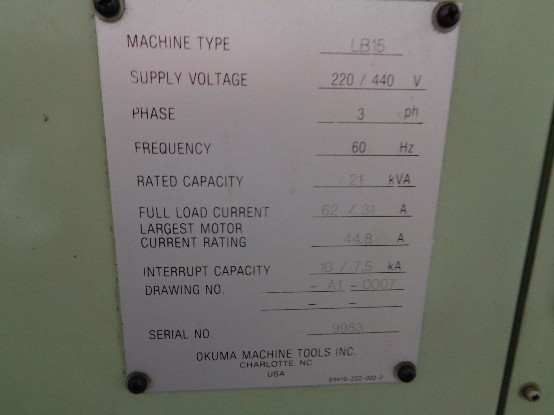 1990 OKUMA MODEL LB-15BB CNC TURNING CENTER; S/N 9983 - Image 14 of 14