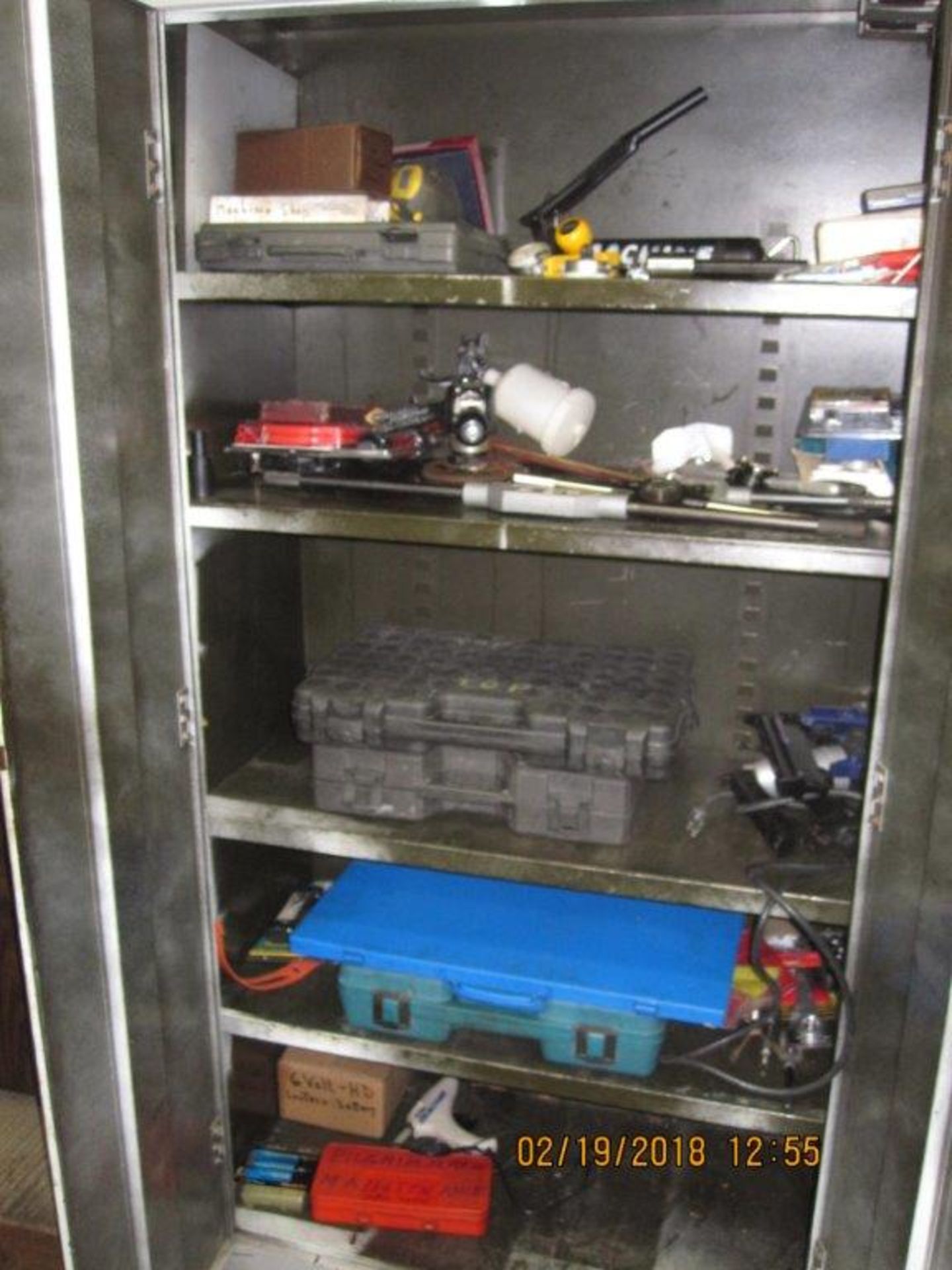 (LOT) TOOL CABINET AND CONTENTS: TAPS AND DIES, WRENCHES, (2) PNEUMATIC BRAD NAILERS - Image 2 of 2