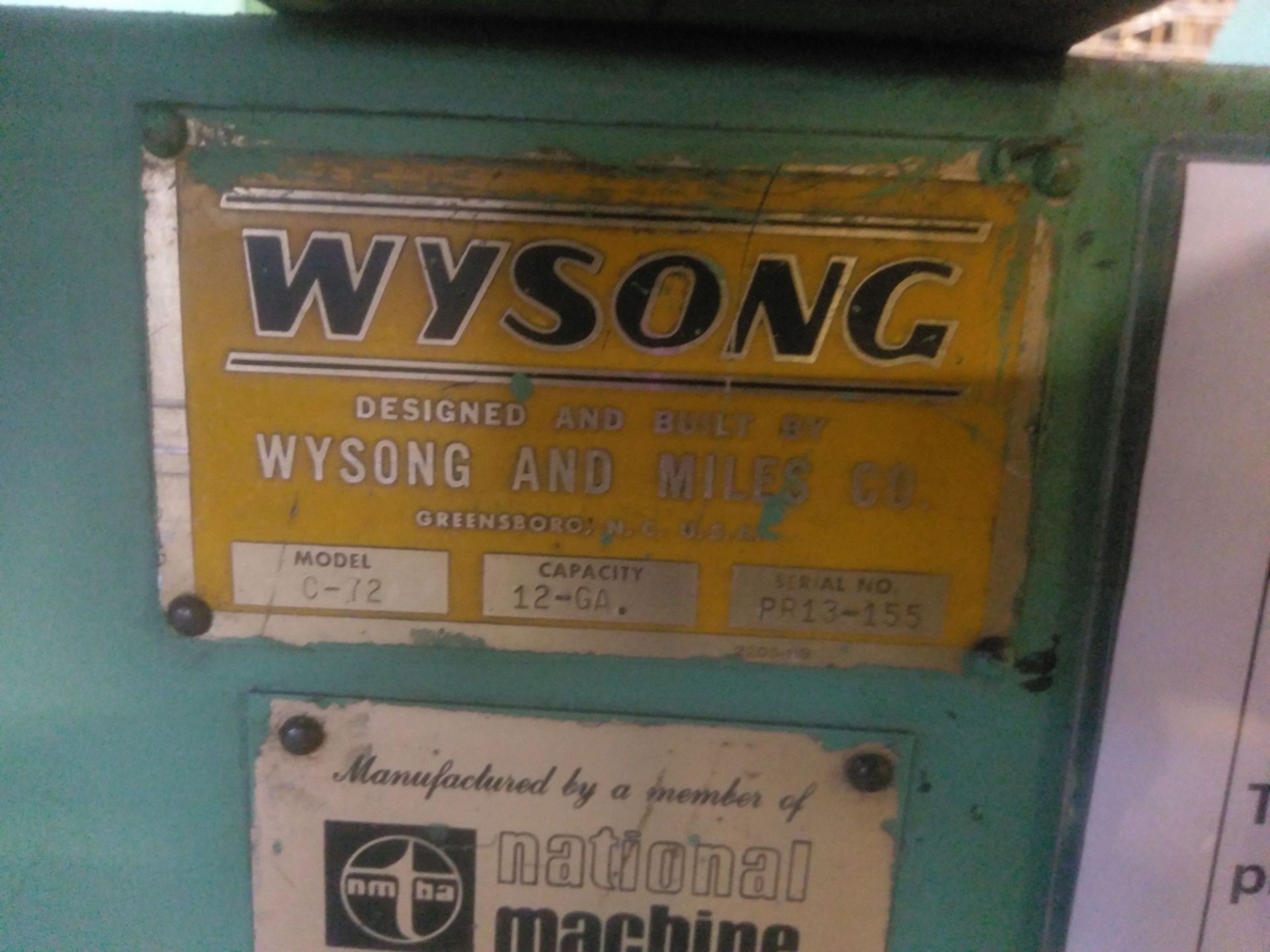 12 GA. X 72" WYSONG MODEL C-12 INITIAL PINCH PLATE BENDING ROLLS; S/N PR13-155, 5" DIAMETER ROLLS, 3 - Image 7 of 8