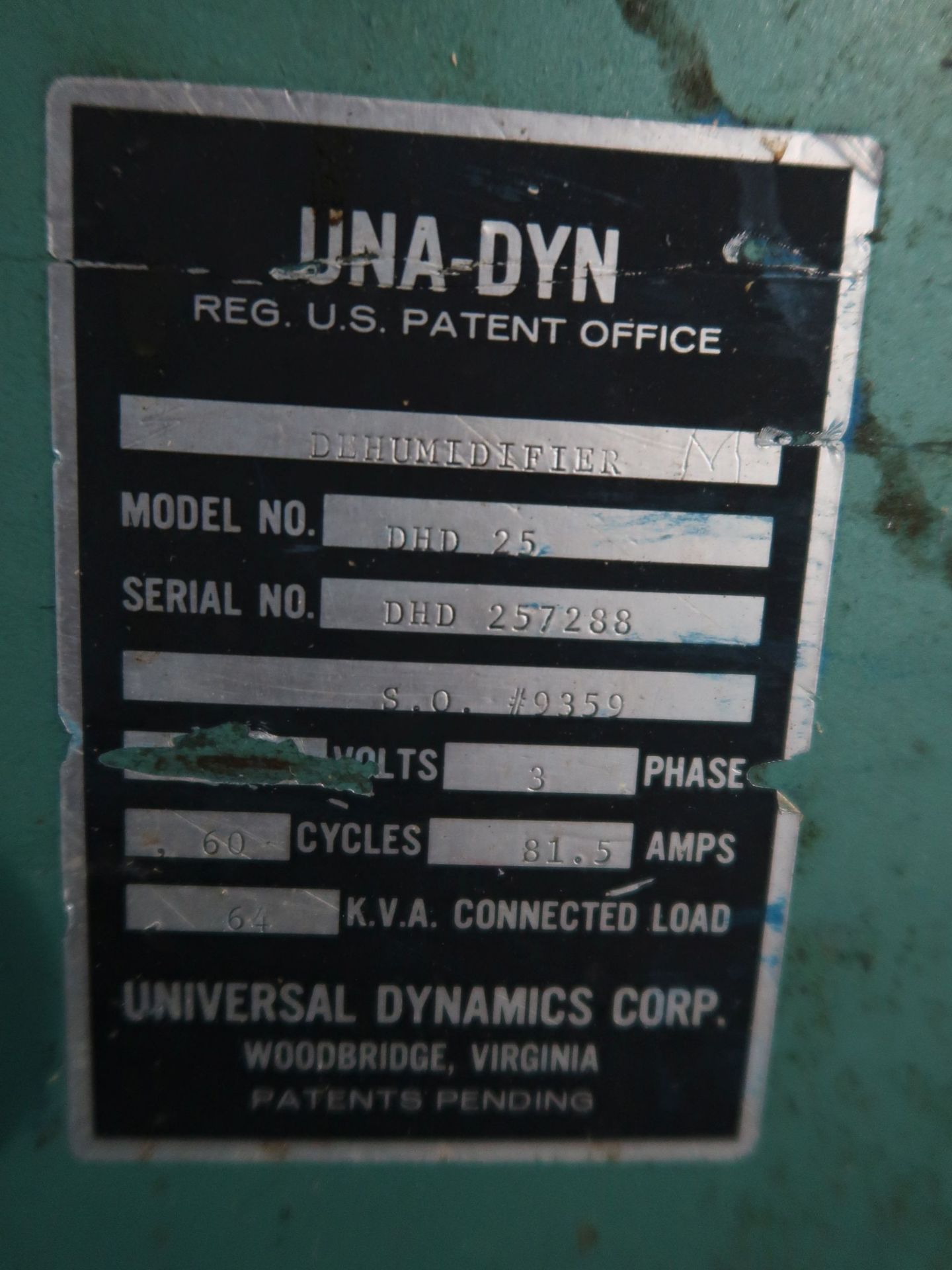 UNA-DYN MODEL DHD-25 DRYER; S/N DHD257288, WITH FLOOR MOUNTED HOPPER - Image 6 of 6