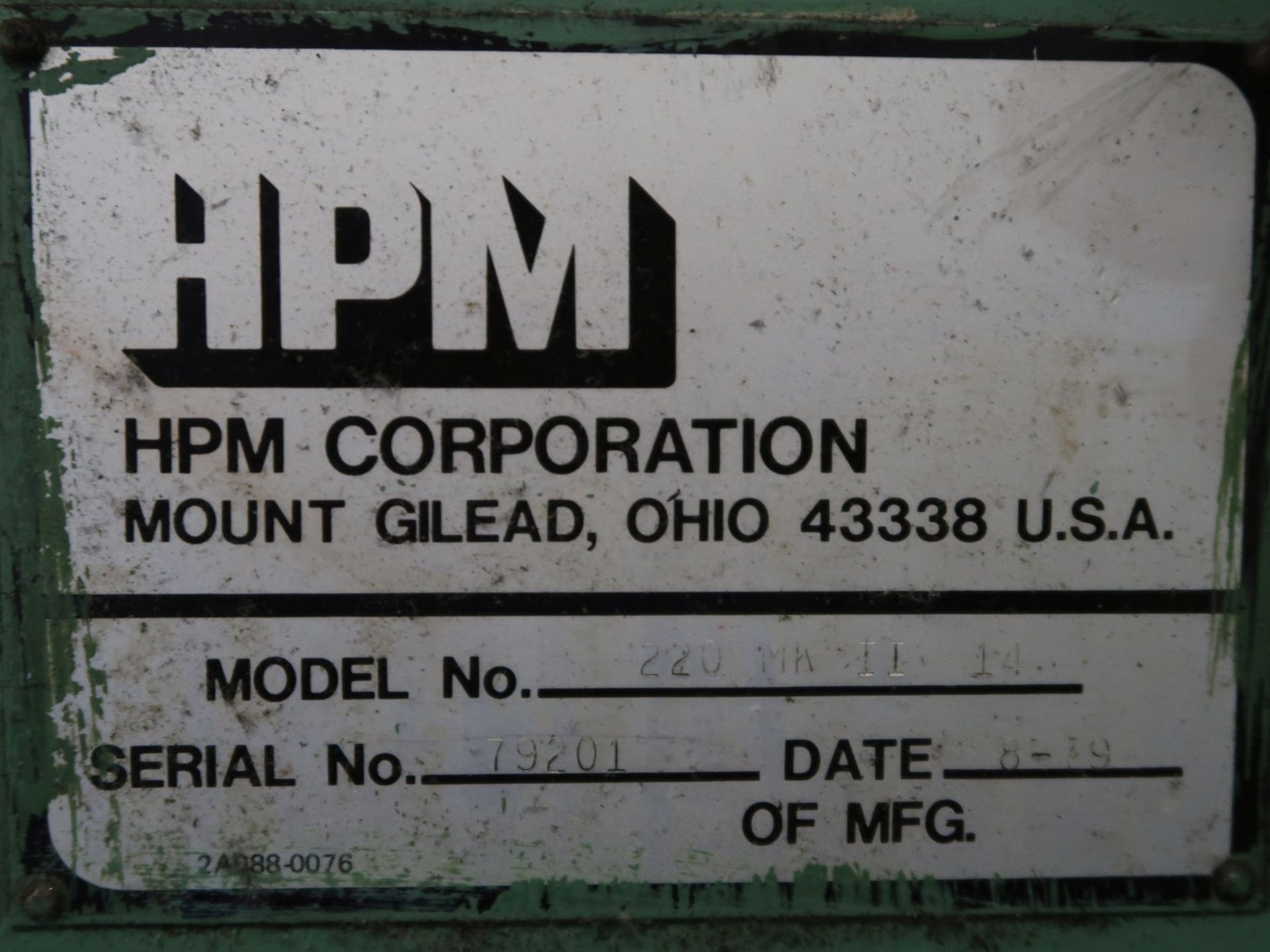 220 TON X 14 OZ. HPM MODEL 220MK-11-14 HYDRAULIC CLAMP INJECTION MOLDING MACHINE; S/N 79201, CON-AIR - Image 23 of 27