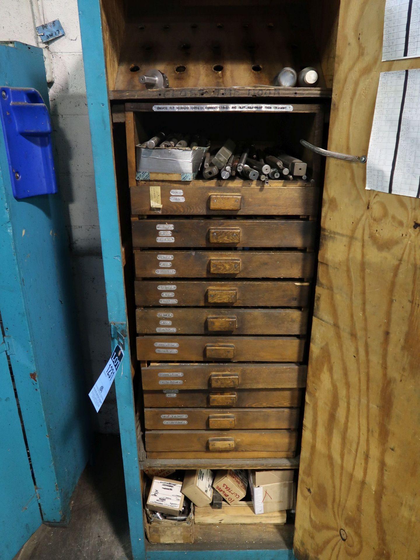 WOOD CABINET WITH MISCELLANEOUS MORSE TAPER DRILLS, CUTTERS, DRILLS, REAMERS