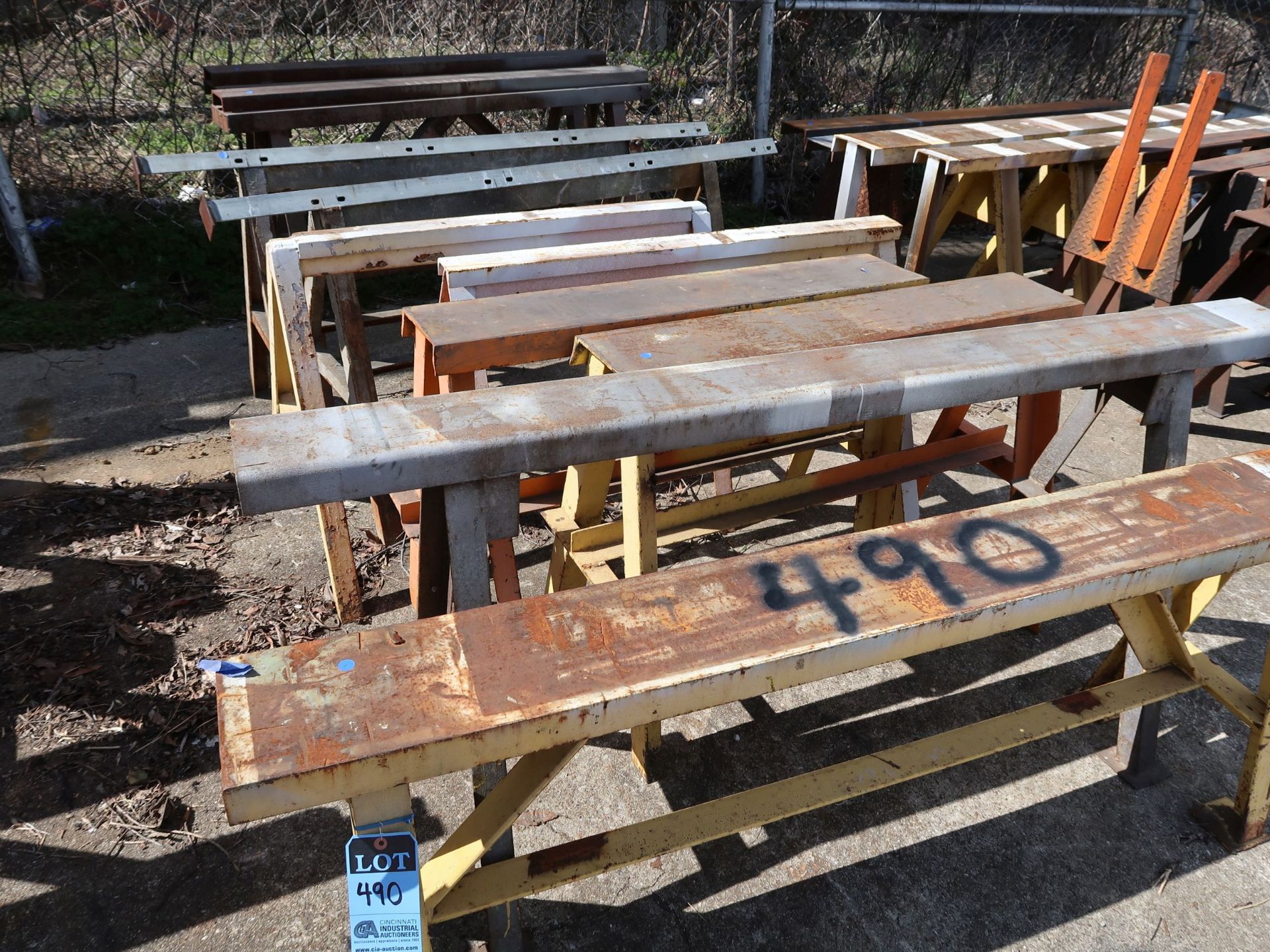 (LOT) MISCELLANEOUS SIZE SHOP BUILT STEEL SAW HORSES