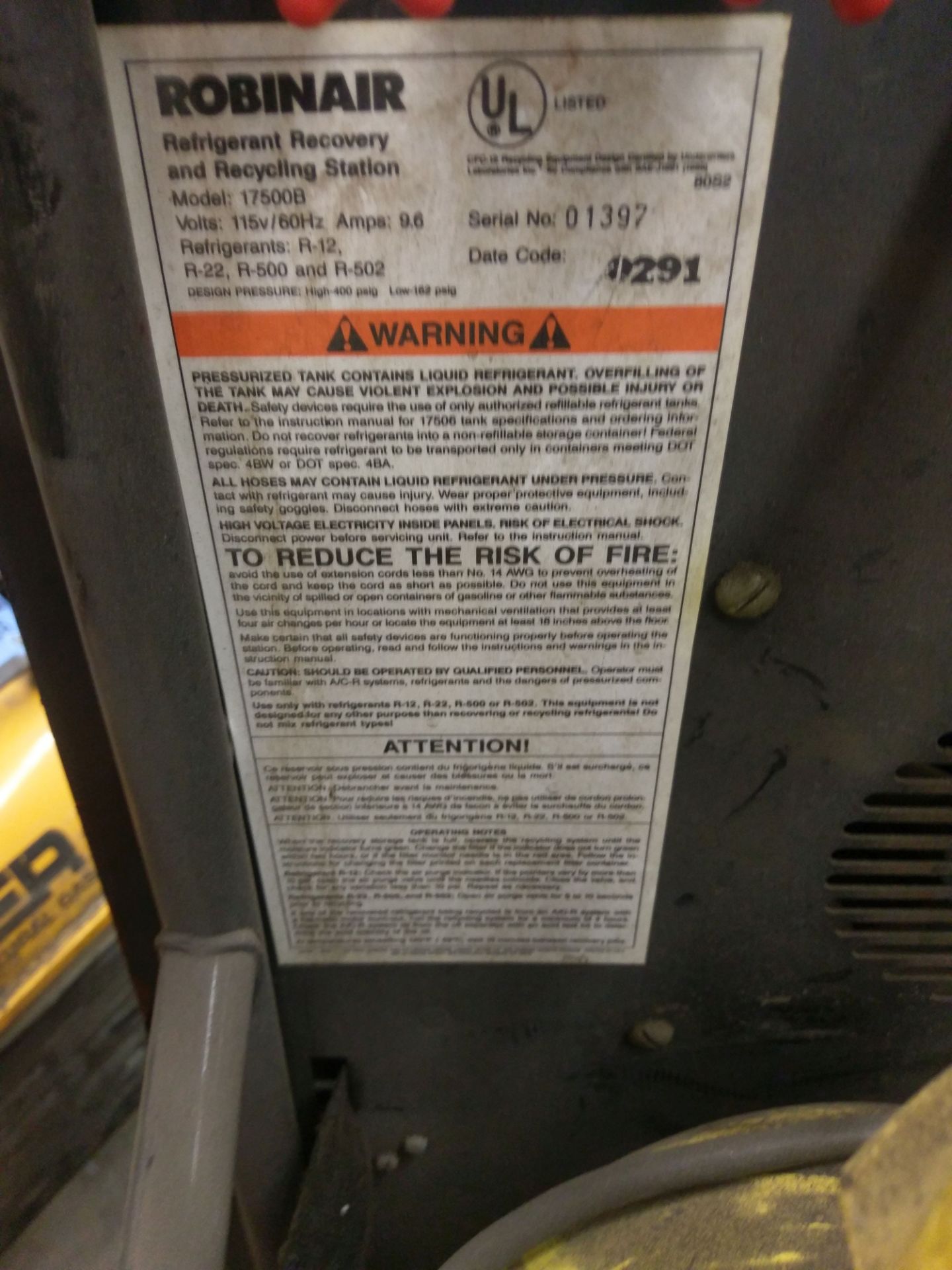 ROBINAIR REFRIGERANT RECOVERY AND RECYCLING SYSTEM MODEL 17500B; S/N 01397 **LOCATED 3201 ALBERTA - Image 3 of 3
