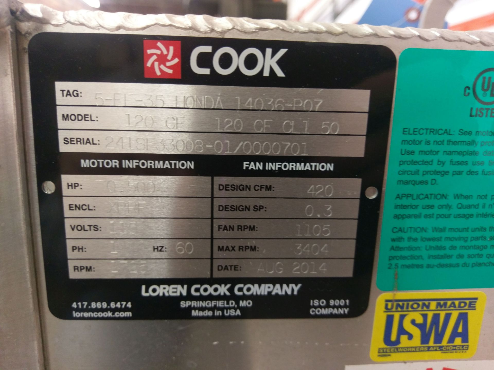 COOK MODEL 120CF BLOWER UNIT; S/N 241SF33008-01/0000701, 115 VOLT, SINGLE PHASE **LOCATED 3201 - Image 2 of 3