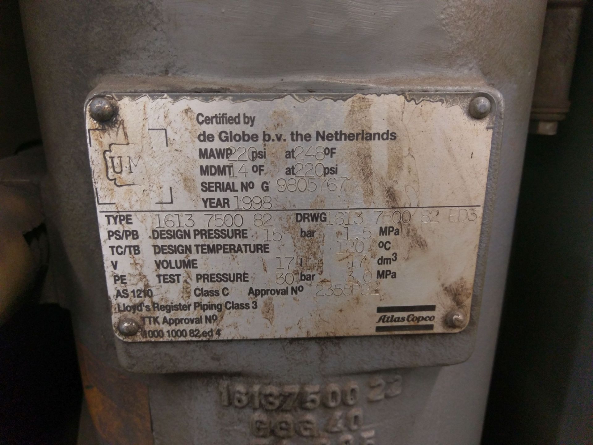 ATLAS COPCO 25 HP MODEL GA18 HORIZONTAL AIR COMPRESSOR; S/N HOL010509 **LOCATED 3201 ALBERTA ST., - Image 4 of 5