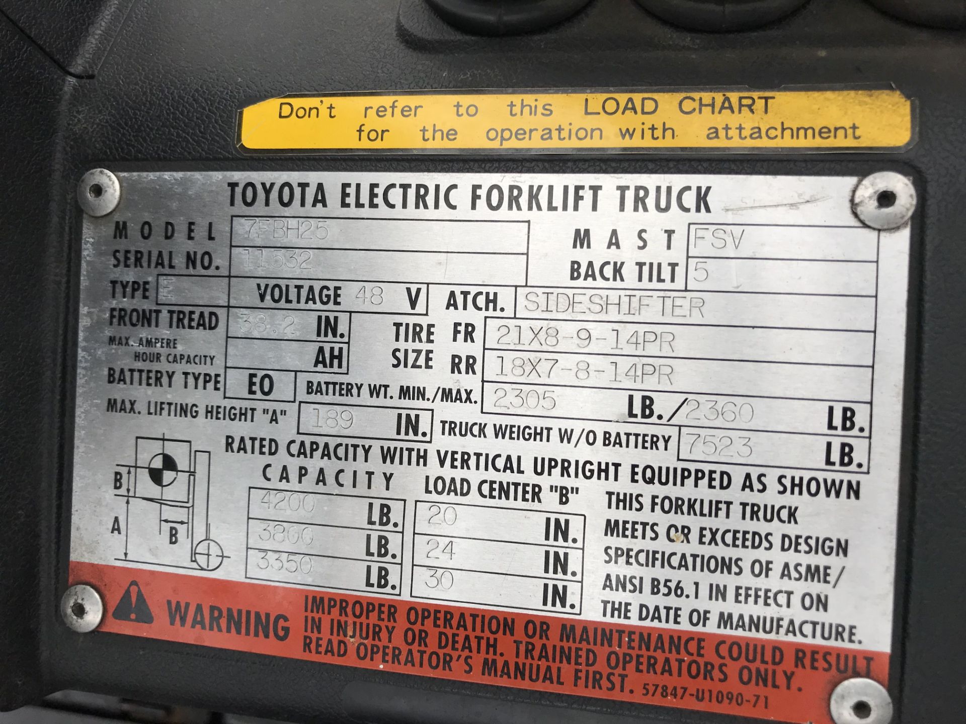 4,200 LB. TOYOTA MODEL 7FBH25 SEMI PNEUMATIC ELECTRIC LIFT TRUCK; S/N 11532, 189" LIFT, 48 VOLT - Image 7 of 10