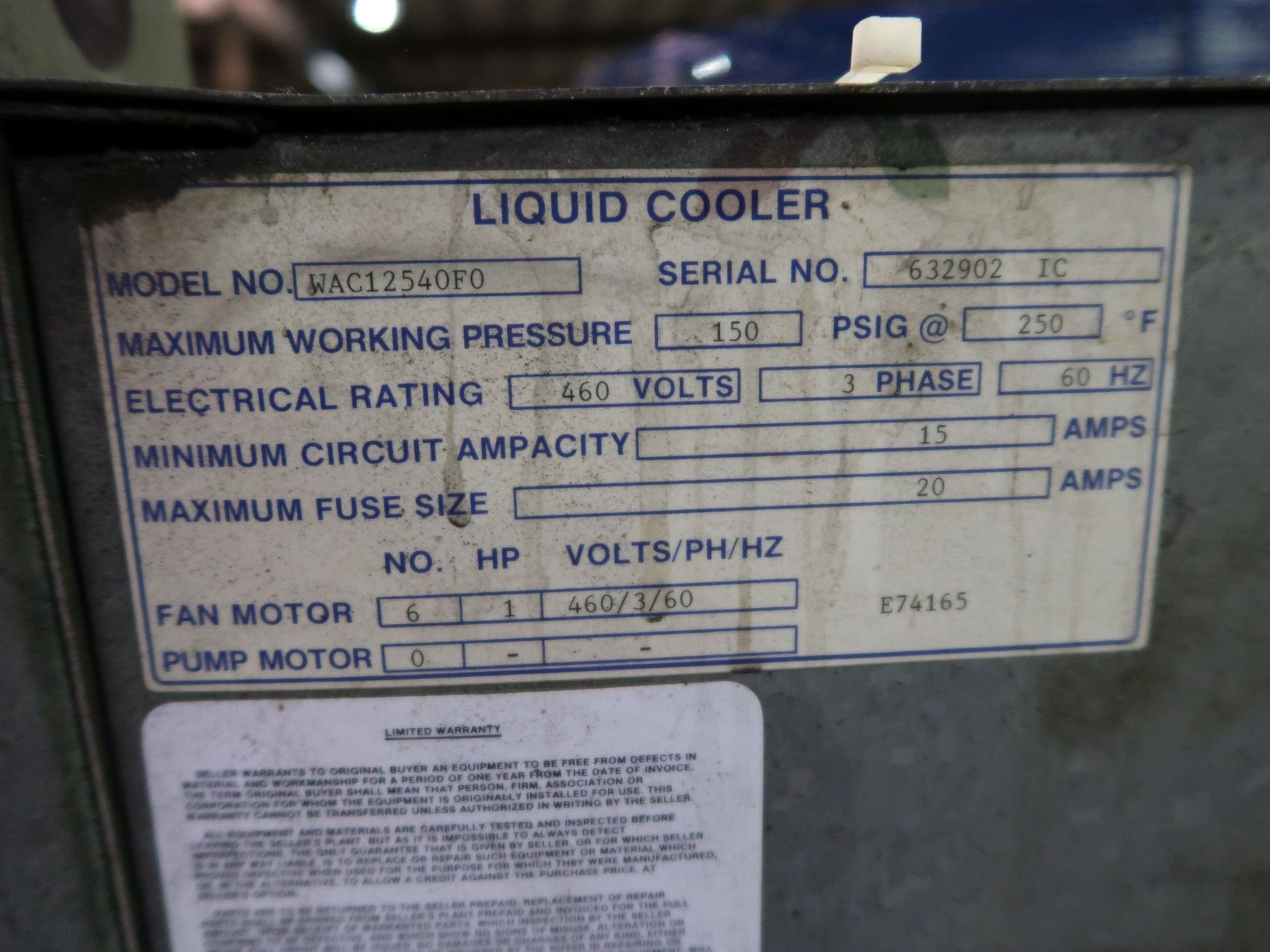 HIROSS MODEL WAC10540F0 FIVE-FAN WATER CHILLER; S/N 632900, W/ HIROSS MODEL PSB04BH00 PUMPING - Image 3 of 5