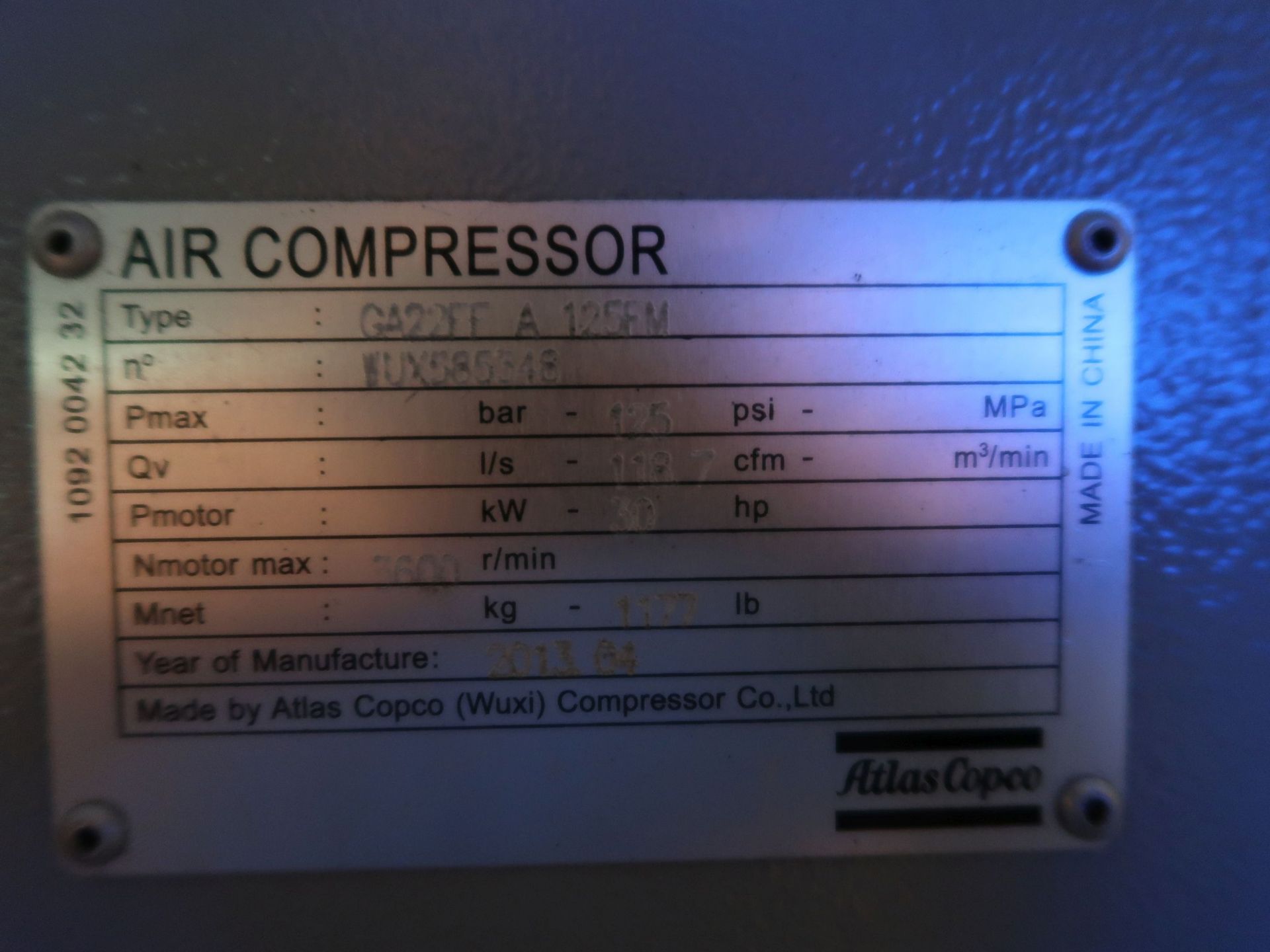 30 HP ATLAS COPCO MODEL GA22F-A125FM ROTARY SCREW AIR COMPRESSOR; S/N WUX585348, 23,811 RUN HOURS, - Image 4 of 4