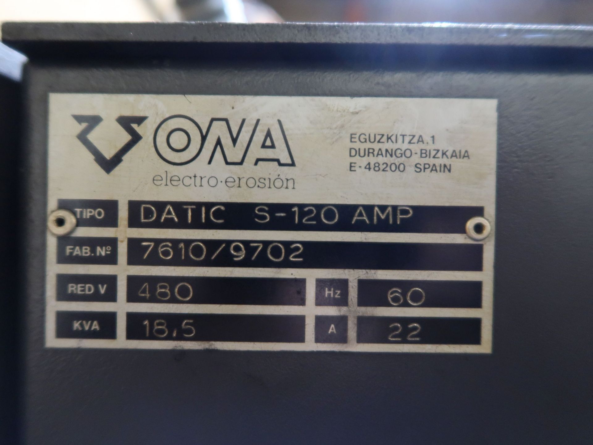 ONA MODEL PD4.120SI DIE SINKER EDM; S/N 7610/9702, DATIC S-120 CONTROLS, 59" X-AXIS, 39.37" Y- - Image 13 of 13