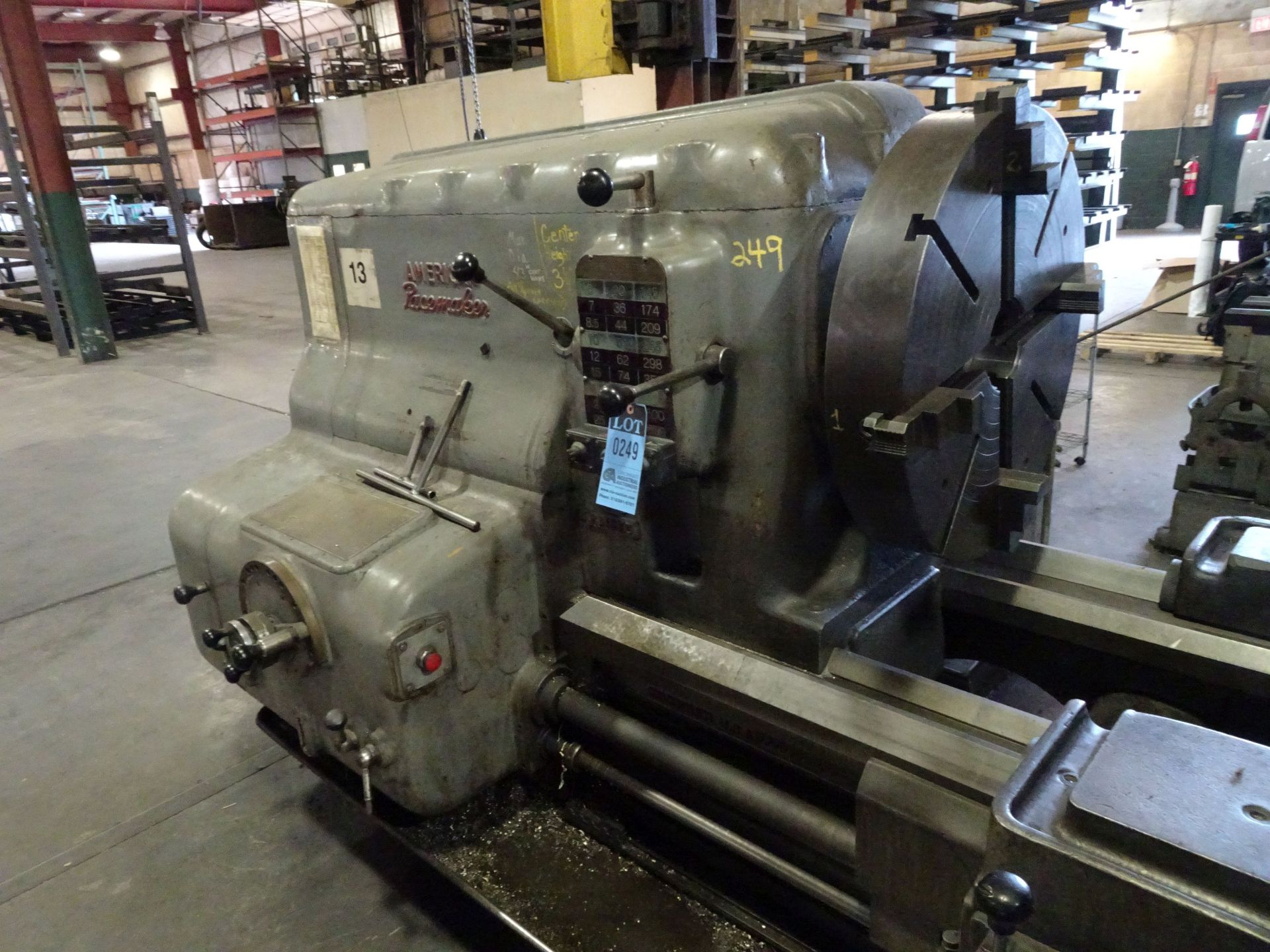 43" X 15' AMERICAN PACEMAKER GEARED HEAD LATHE, SPINDLE SPEED 6-600 RPM, 28" 4-JAW CHUCK, 2-3/4" - Image 3 of 9