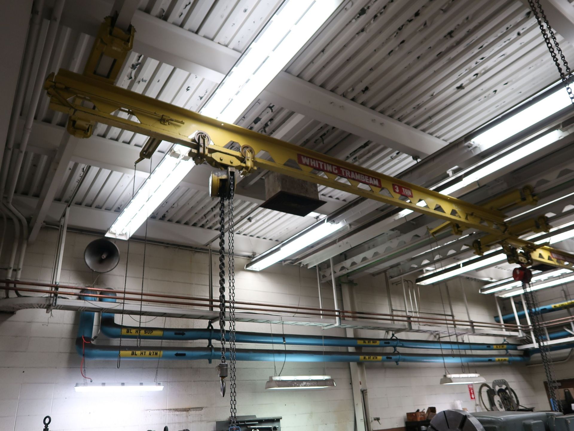 3 TON X 19' (APPROX.) WHITING TRAMBEAM TROLLEY TYPE BRIDGE CRANE WITH 2 TON YALE MANUAL CHAIN HOIST