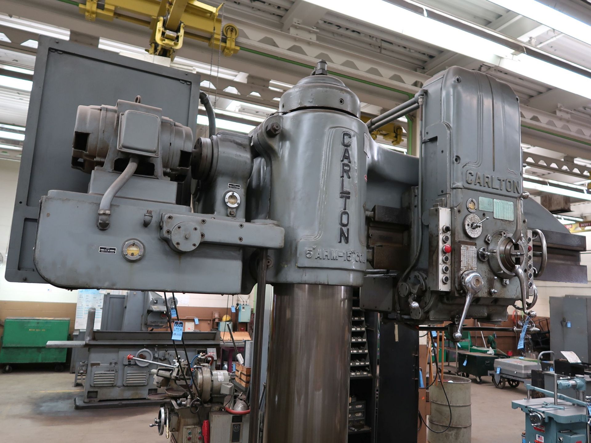 5' ARM X 15" COLUMN CARLTON RADIAL ARM DRILL; S/N 3A-4999, SPINDLE SPEEDS 12-1,200 RPM, 30" X 24" - Image 10 of 12