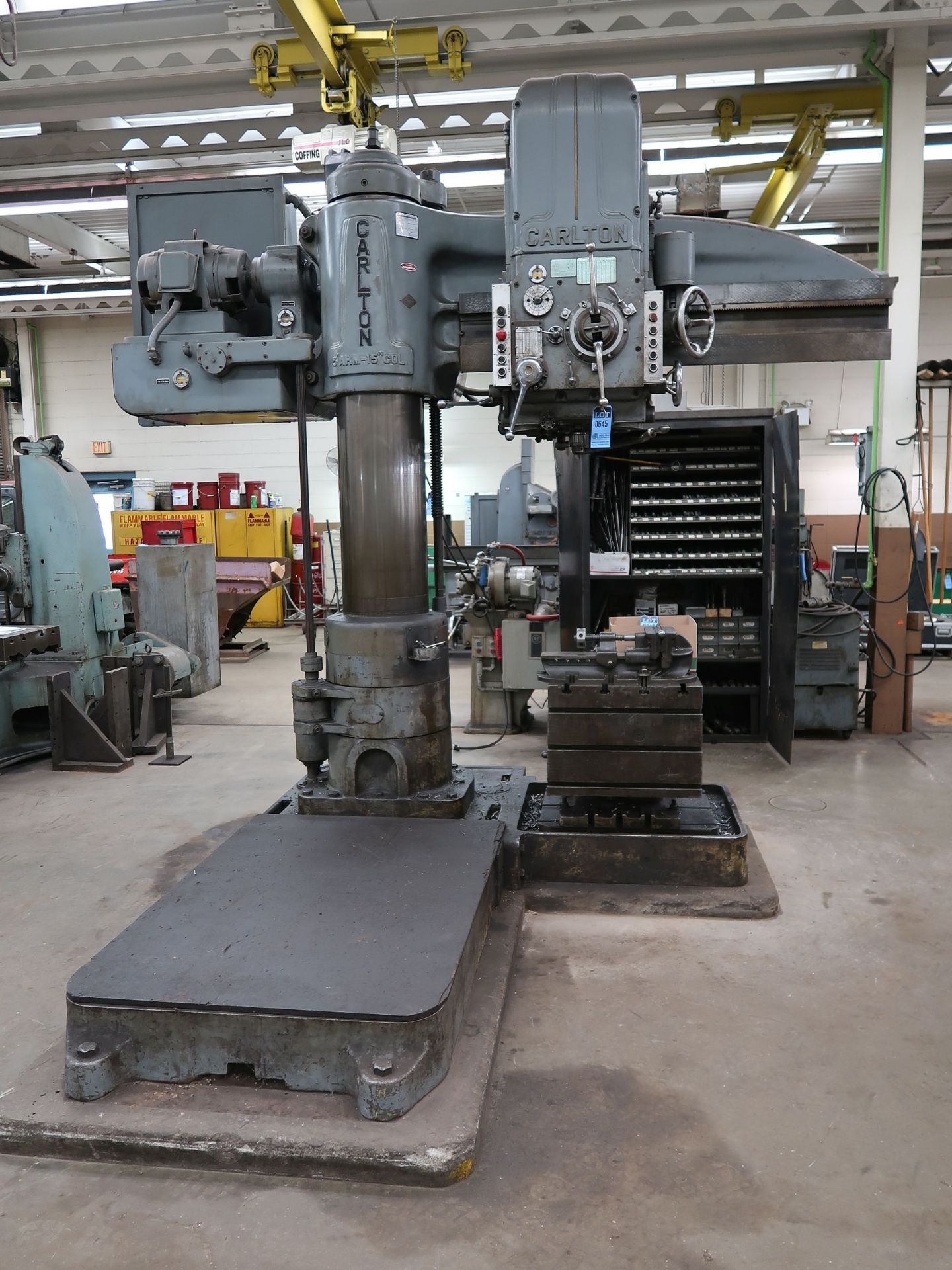 5' ARM X 15" COLUMN CARLTON RADIAL ARM DRILL; S/N 3A-4999, SPINDLE SPEEDS 12-1,200 RPM, 30" X 24"