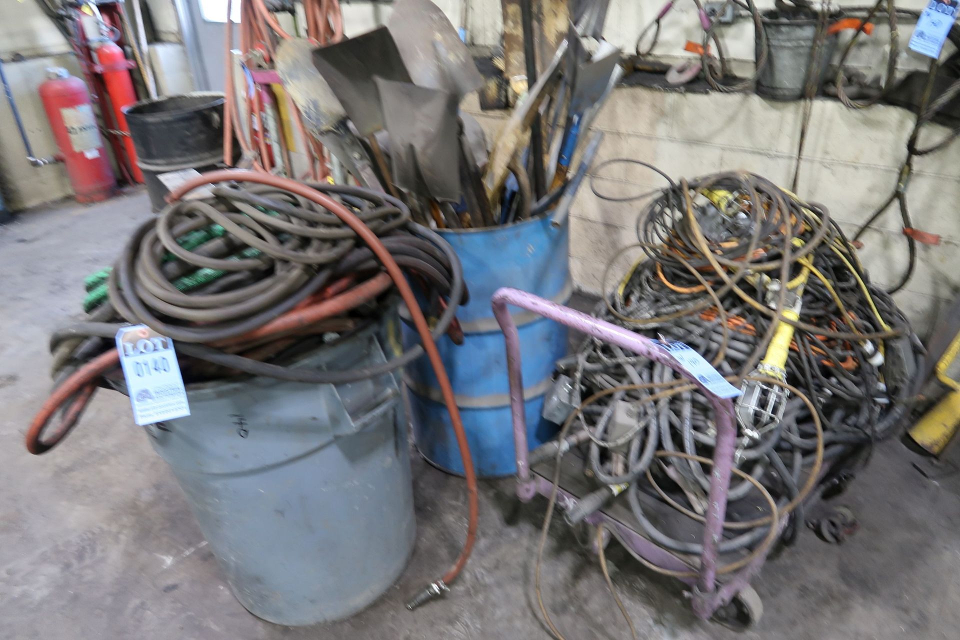 (LOT) LONG HANDLE TOOLS, HOSE, ELECTRICAL, STEEL CABLE SLINGS