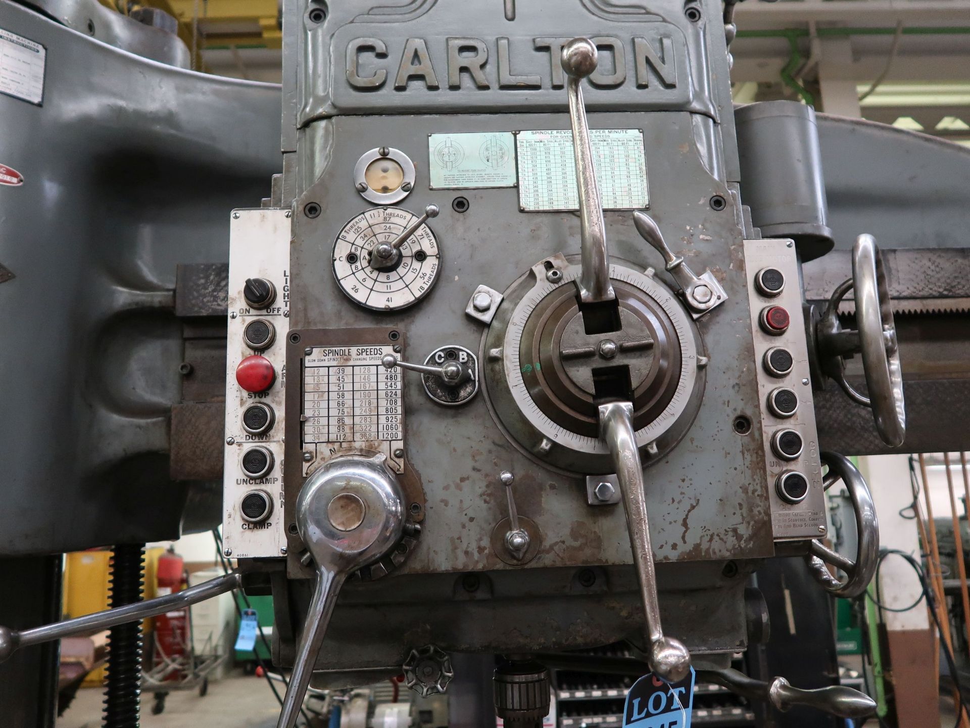 5' ARM X 15" COLUMN CARLTON RADIAL ARM DRILL; S/N 3A-4999, SPINDLE SPEEDS 12-1,200 RPM, 30" X 24" - Image 5 of 12
