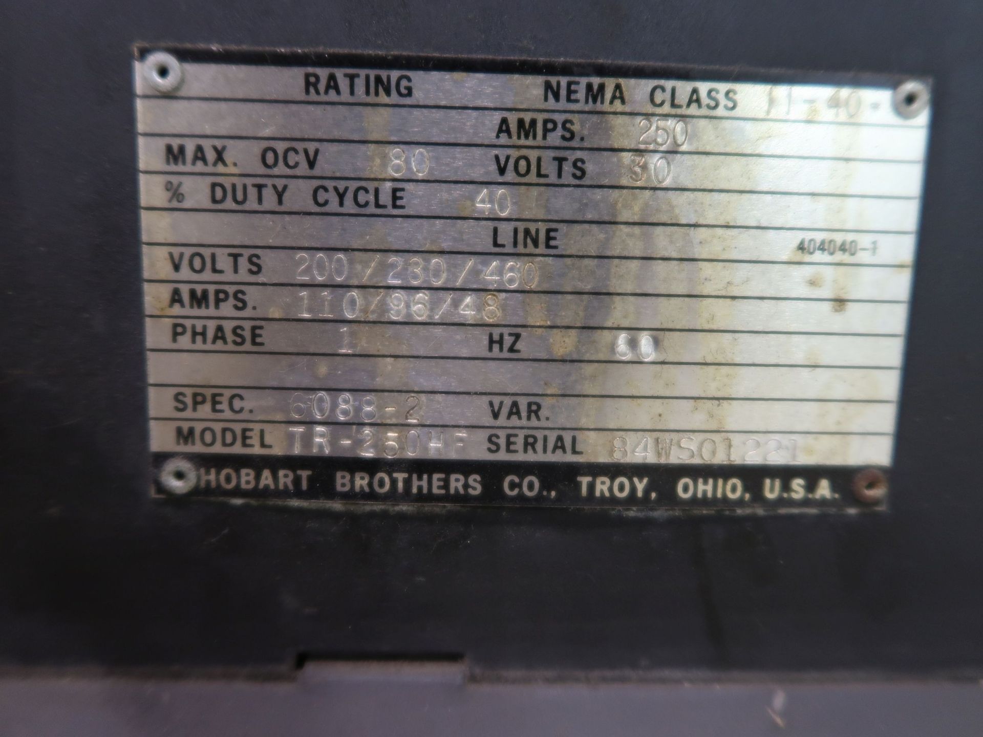 250 AMP HOBART MODEL TR-250-HF TIG WELDING POWER SOURCE; S/N 84WS01221 WITH HOBART RADIATOR - Image 5 of 5