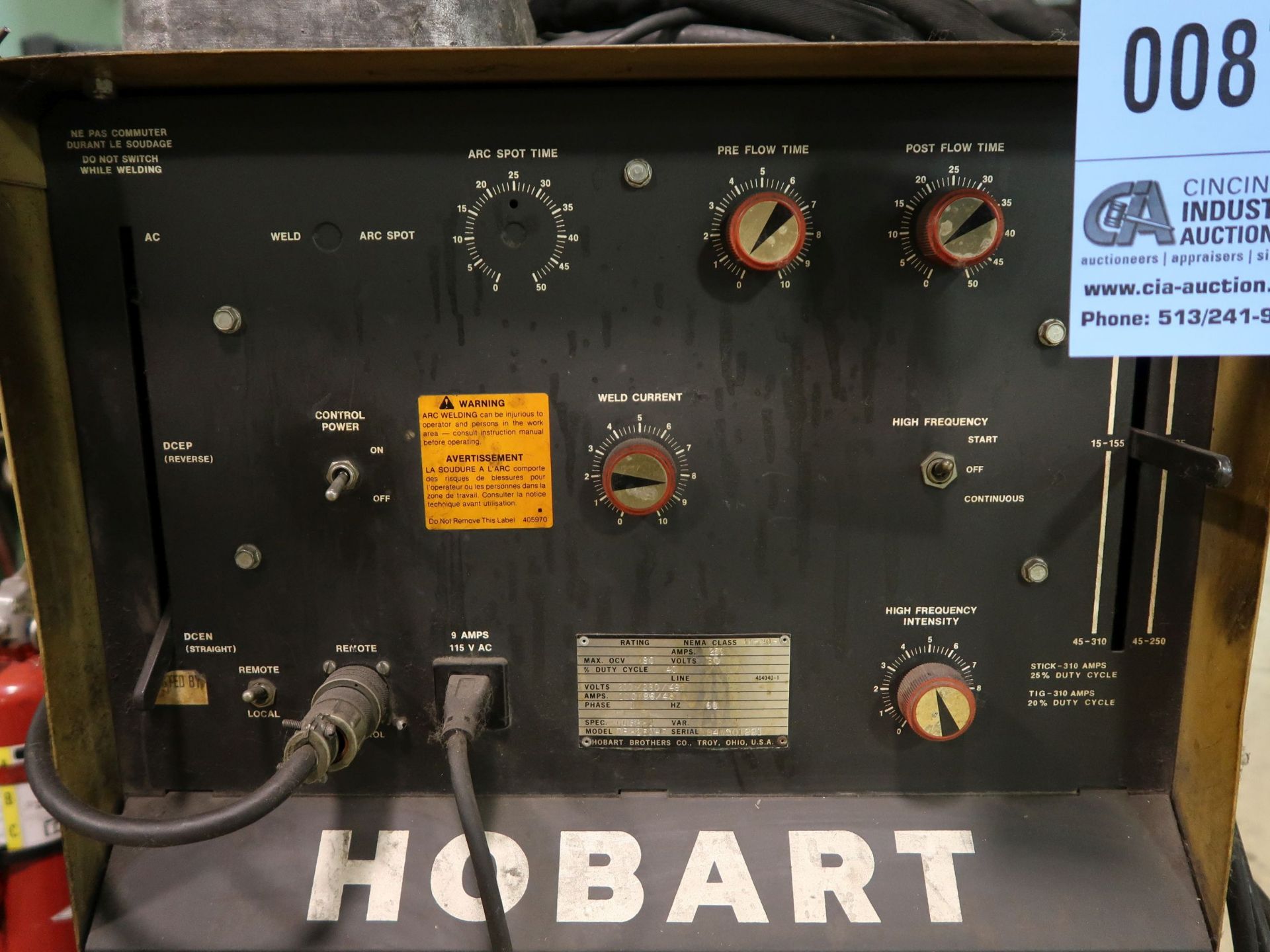 250 AMP HOBART MODEL TR-250-HF TIG WELDING POWER SOURCE; S/N 84WS01221 WITH HOBART RADIATOR - Image 2 of 5