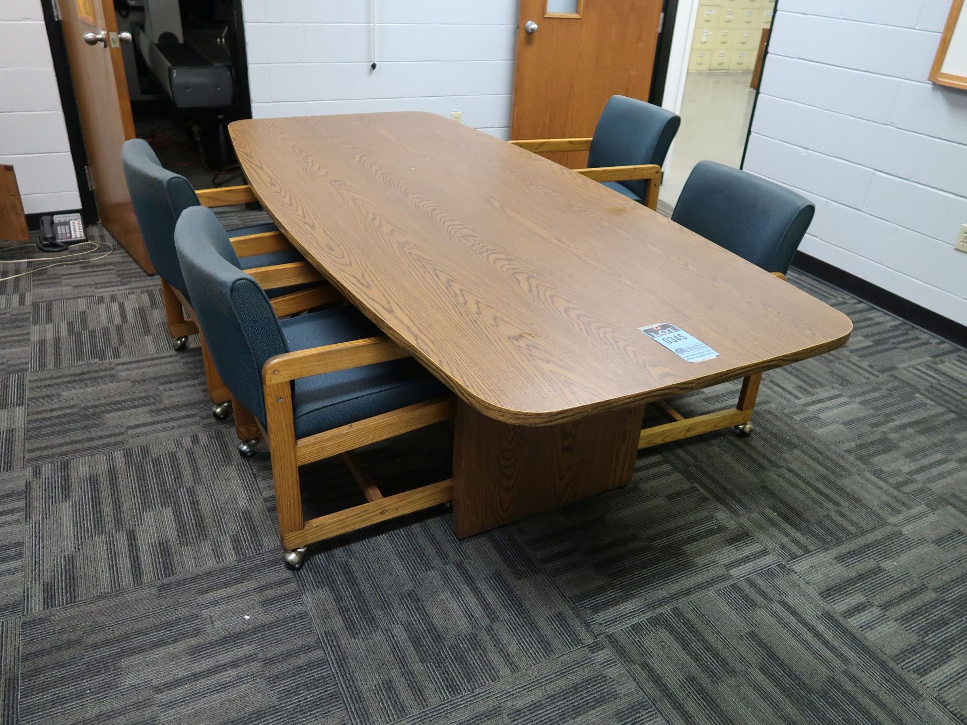 44" X 96" X 29" HIGH WOOD LAMINATED CONFERENCE TABLE WITH WOOD FRAME CLOTH CHAIRS