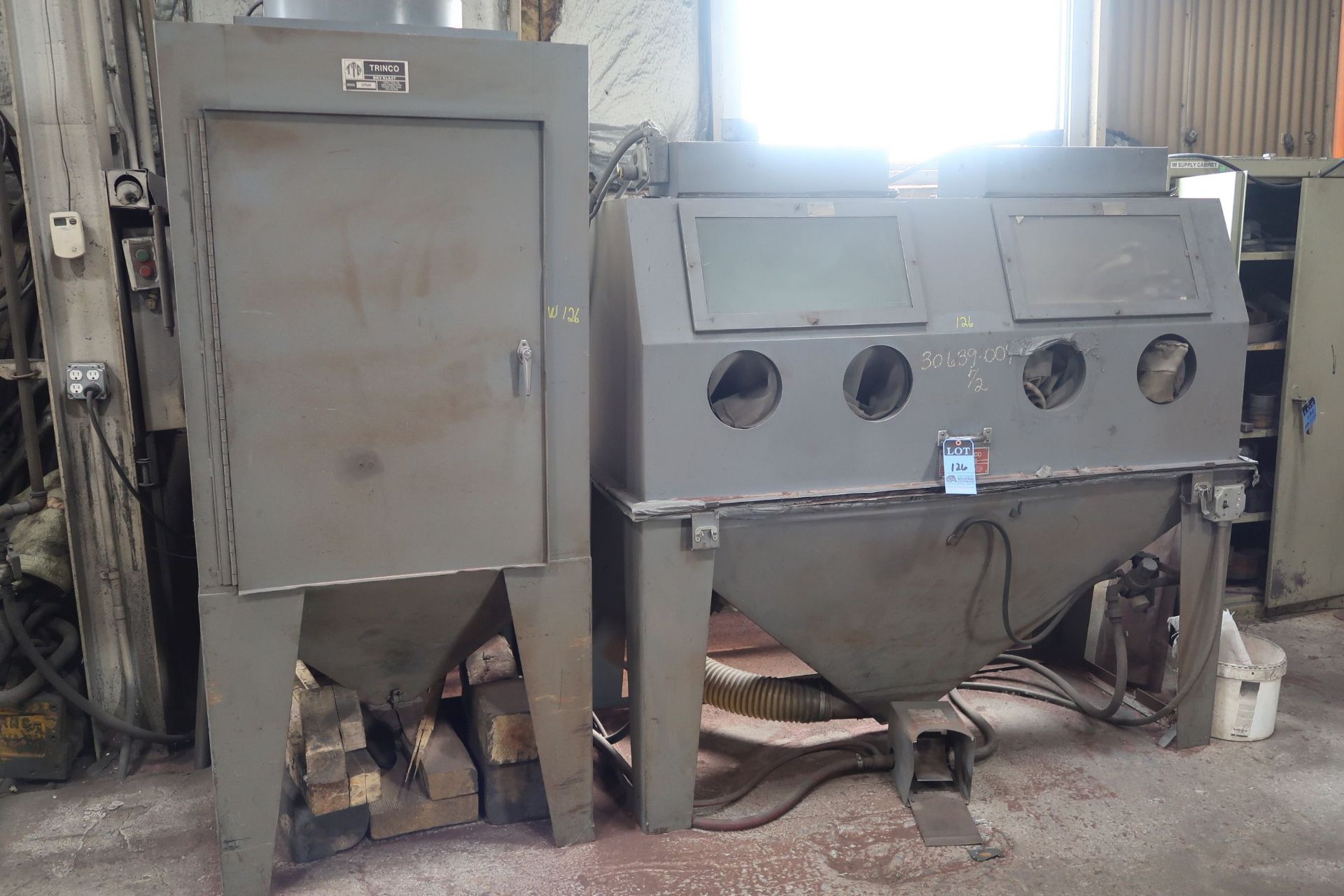 TRINCO MODEL 72 X 30 DUAL STAND BLAST CABINET WITH DP-850 DUST COLLECTOR AND GARNET MATERIAL