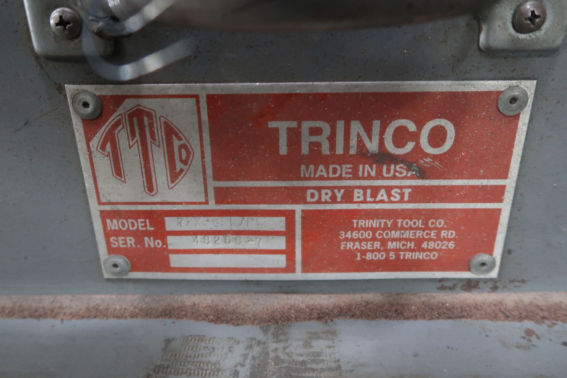 TRINCO MODEL 72 X 30 DUAL STAND BLAST CABINET WITH DP-850 DUST COLLECTOR AND GARNET MATERIAL - Image 3 of 4