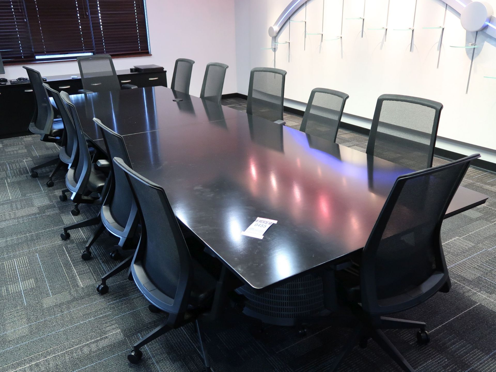 14' TWO-PIECE WOOD CONFERENCE TABLE W/ (12) MESH BACK & LEATHER SEAT CHAIRS