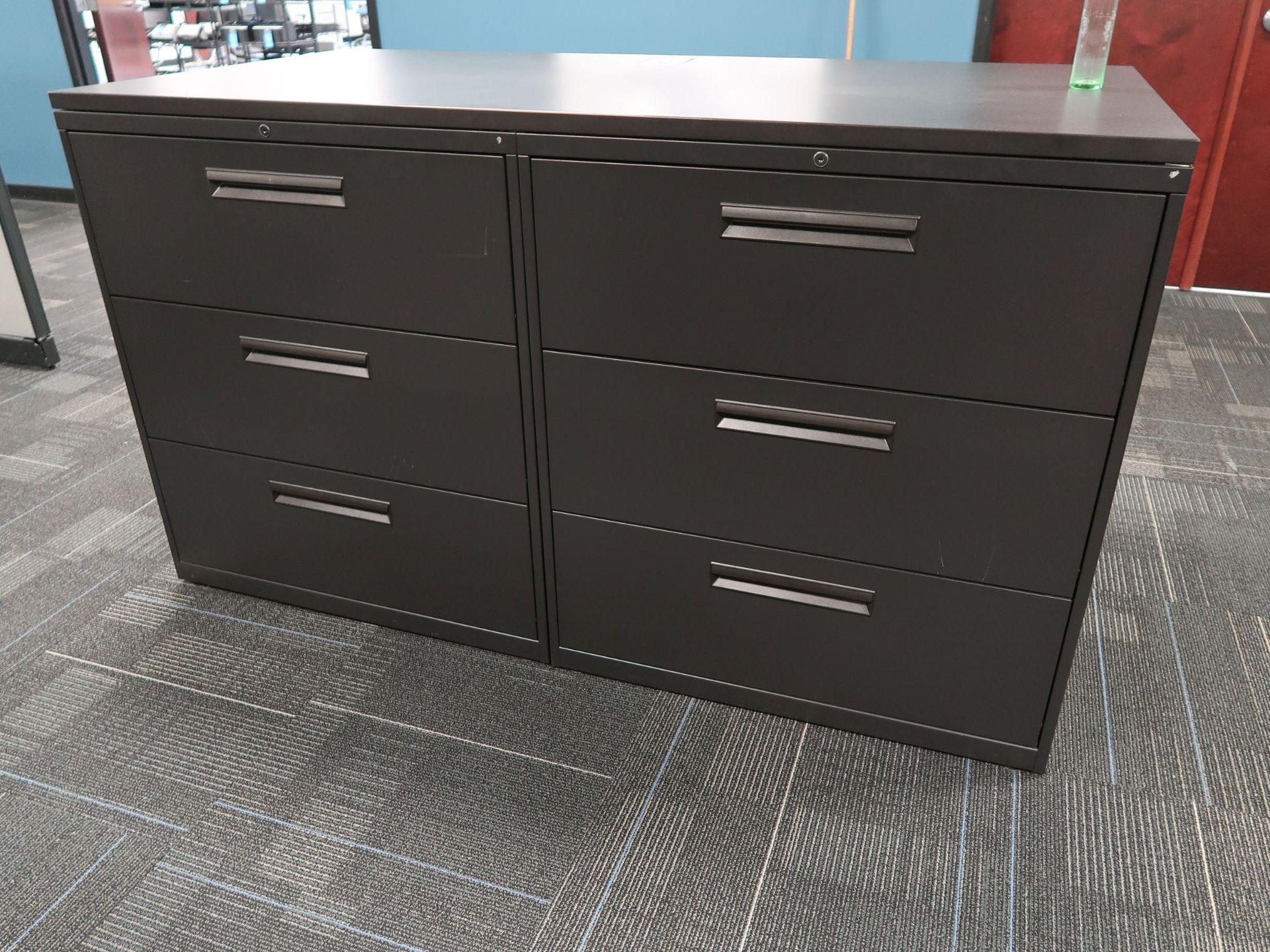 36" WIDE BLACK THREE-DRAWER LATERAL FILE CABINETS W/ 36" X 72" LAMINATED COMMON TOP - Image 2 of 2