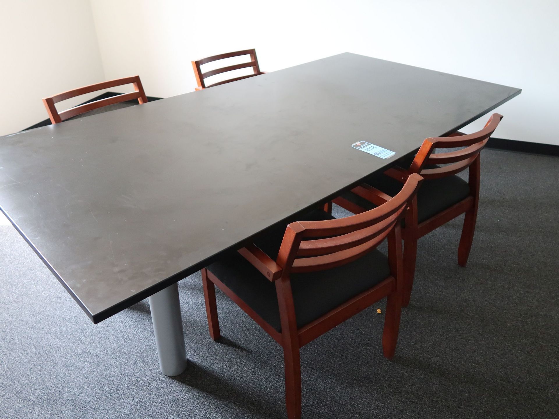 48" X 96" X 29" HIGH FOUR-POST LAMINATED WOOD TOP CONFERENCE TABLE W/ (4) WOOD FRAME CLOTH SEAT