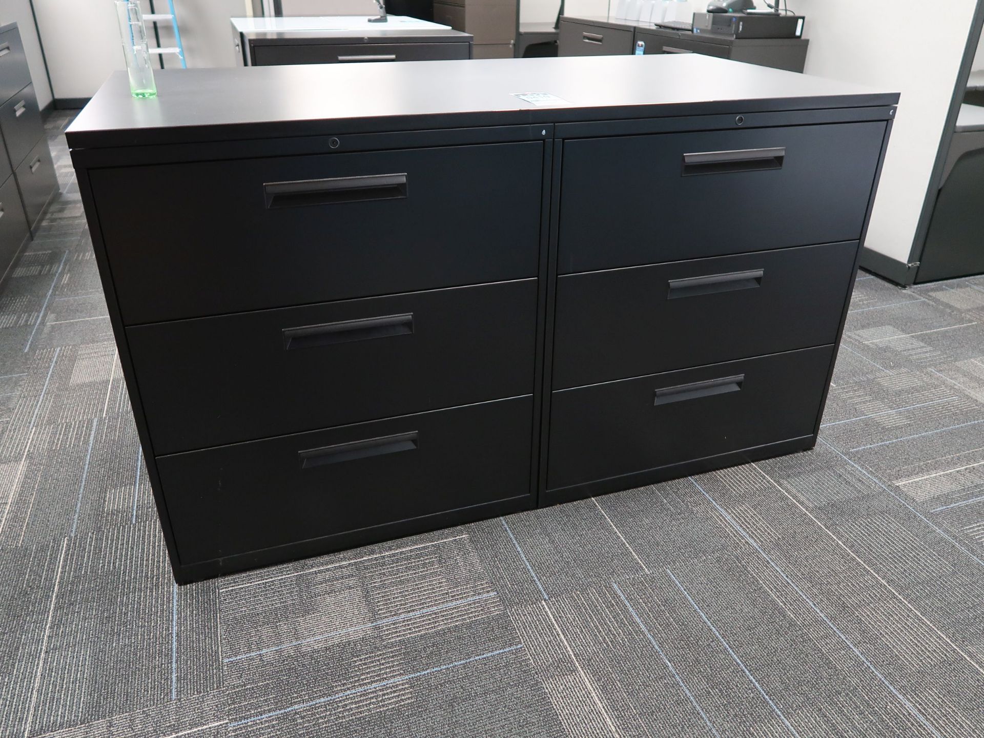 36" WIDE BLACK THREE-DRAWER LATERAL FILE CABINETS W/ 36" X 72" LAMINATED COMMON TOP