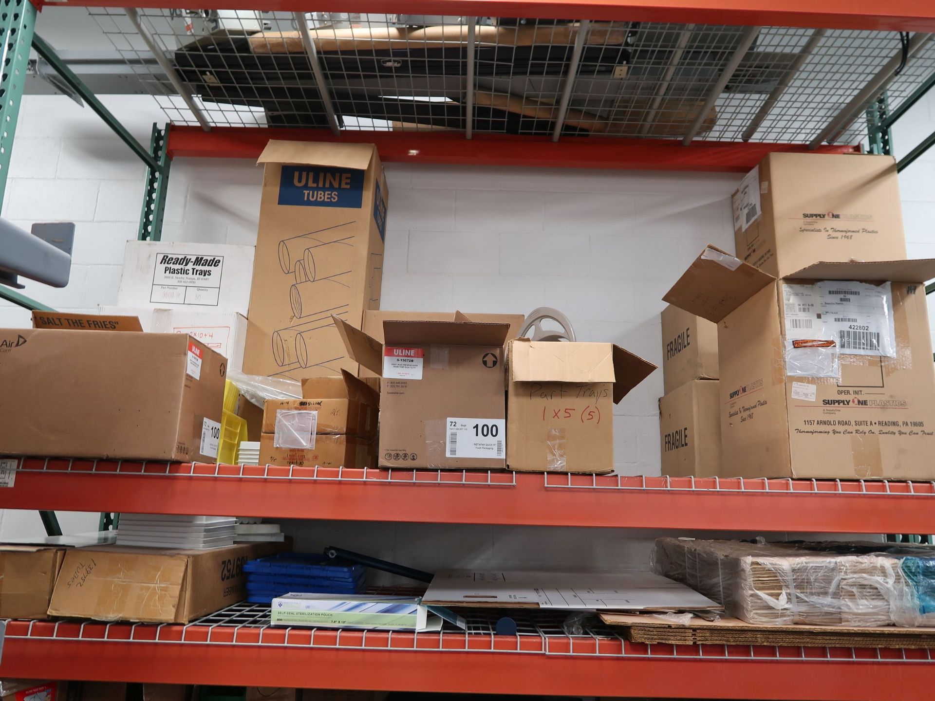 (LOT) MISC. SHIPPING SUPPLIES ON (4) ROWS OF SHELVING *NO RACK OR WIRE DECKING BEAMS*