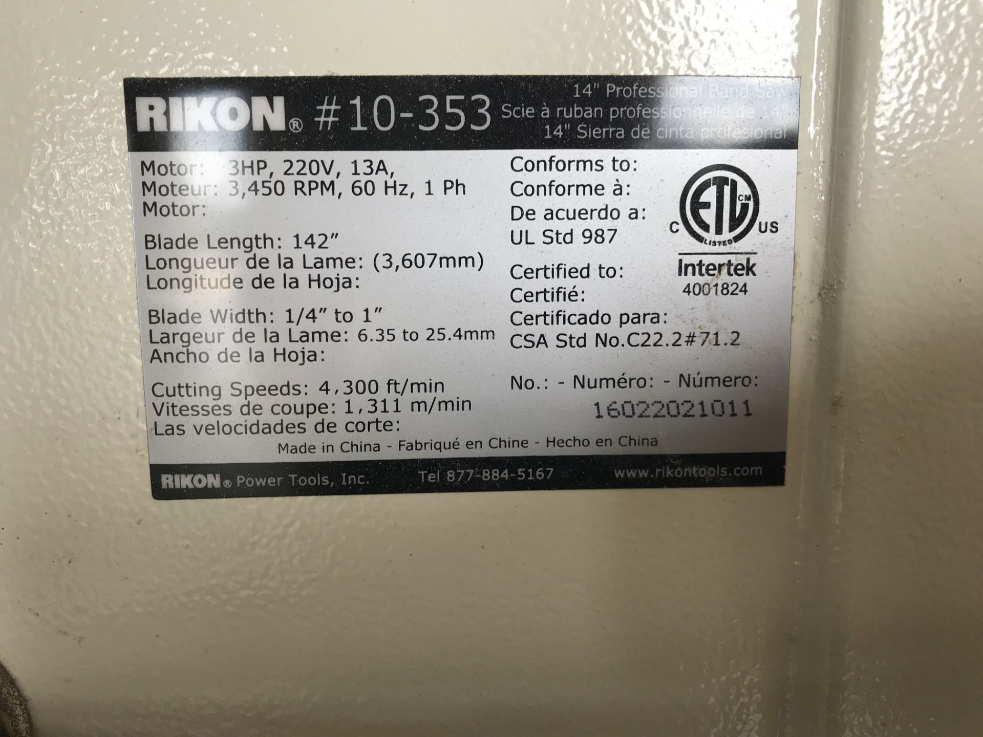 14" RIKON MODEL 10-353 VERTICAL BAND SAW, 3 HP; S/N 16022021011 **LOCATED AT 100 SEA RAY DR., - Image 4 of 5