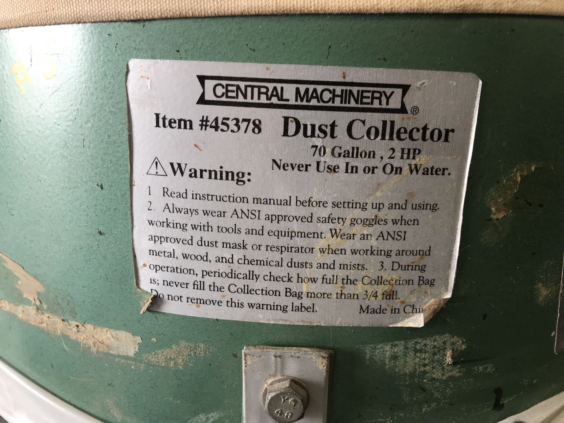 70 GALLON CENTRAL MACHINERY MODEL 45378 DUST COLLECTOR **LOCATED AT 350 SEA RAY DR., MERRITT ISLAND, - Image 2 of 3