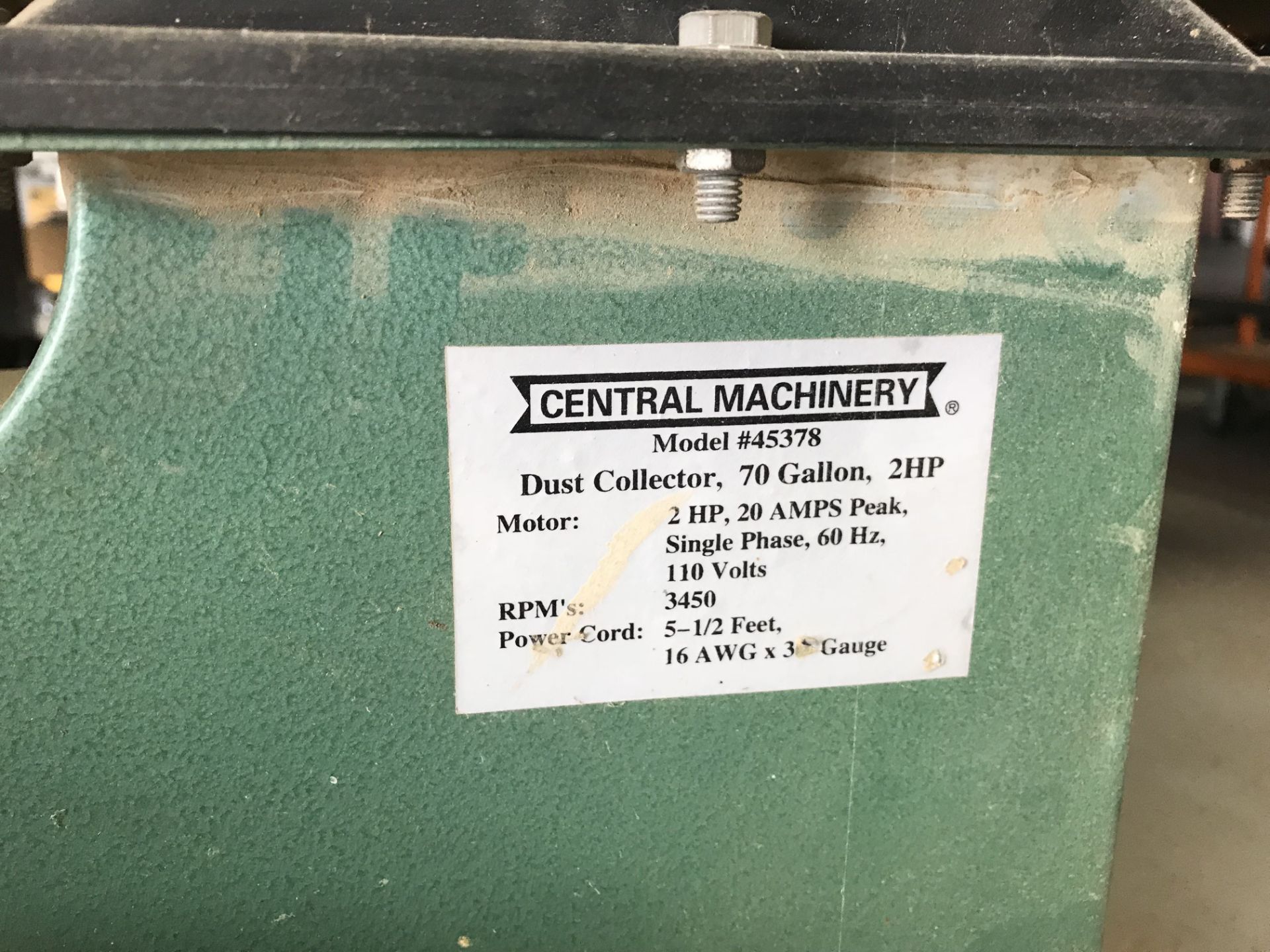 70 GALLON CENTRAL MACHINERY MODEL 45378 DUST COLLECTOR **LOCATED AT 350 SEA RAY DR., MERRITT ISLAND, - Image 3 of 3