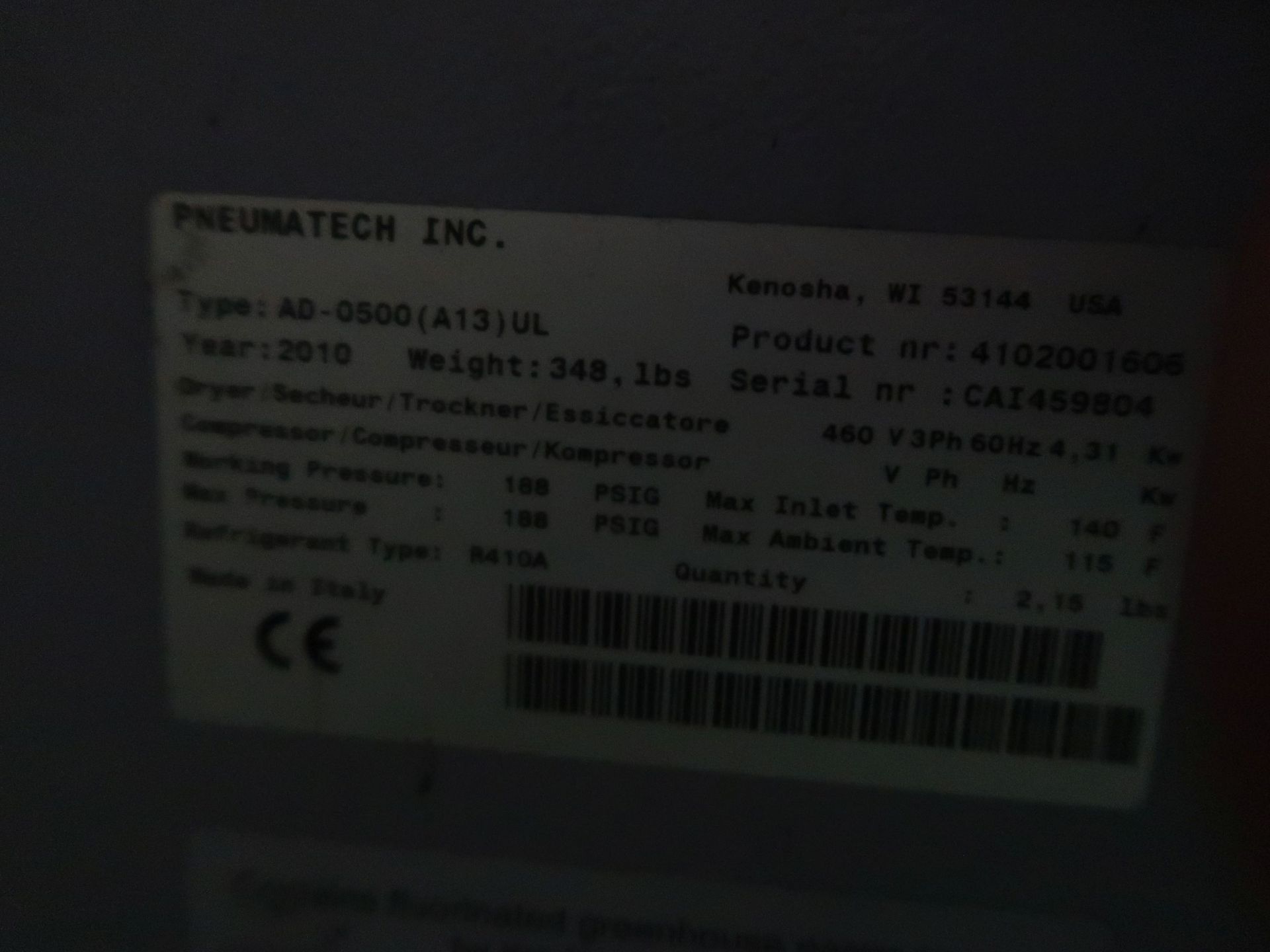 PNEUMATECH MODEL AD-0500(A13)UL COMPRESSED AIR DRYER; S/N CAI459804 (NEW 2010) - Image 4 of 4