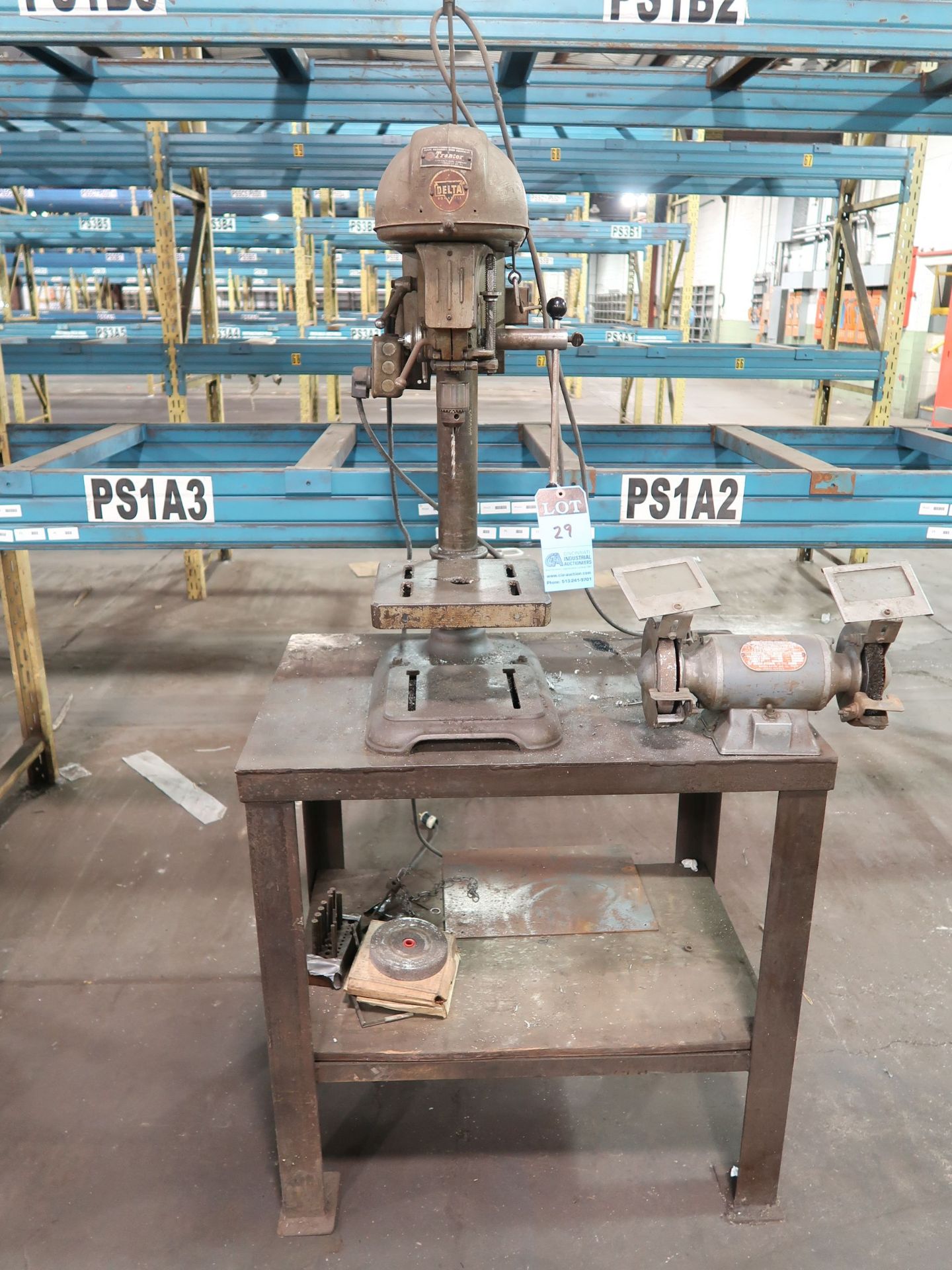 (LOT) 14" DELTA BENCH DRILL, 6" DE GRINDER AND 24" X 36" HEAVY DUTY STEEL BENCH