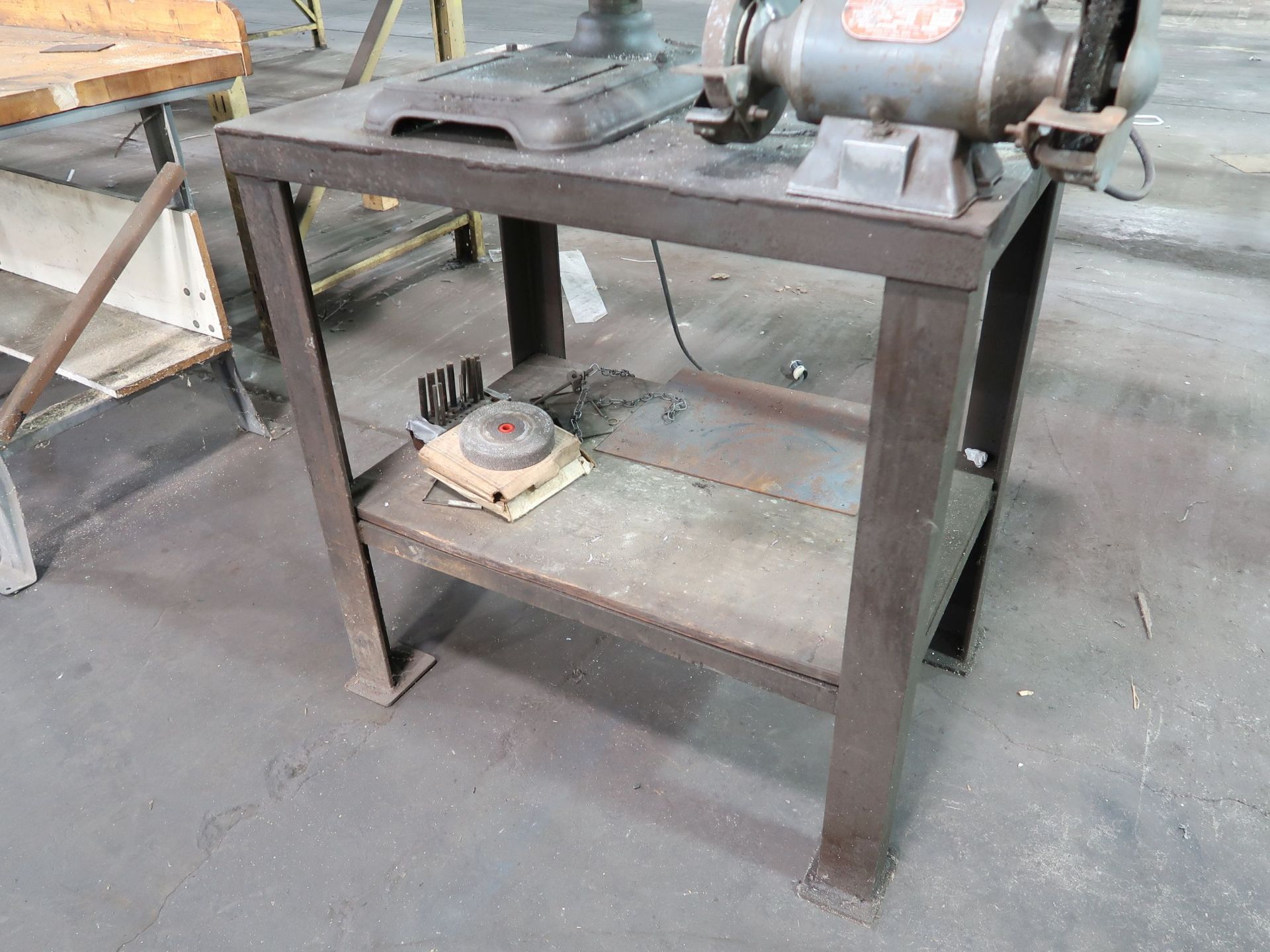 (LOT) 14" DELTA BENCH DRILL, 6" DE GRINDER AND 24" X 36" HEAVY DUTY STEEL BENCH - Image 7 of 7